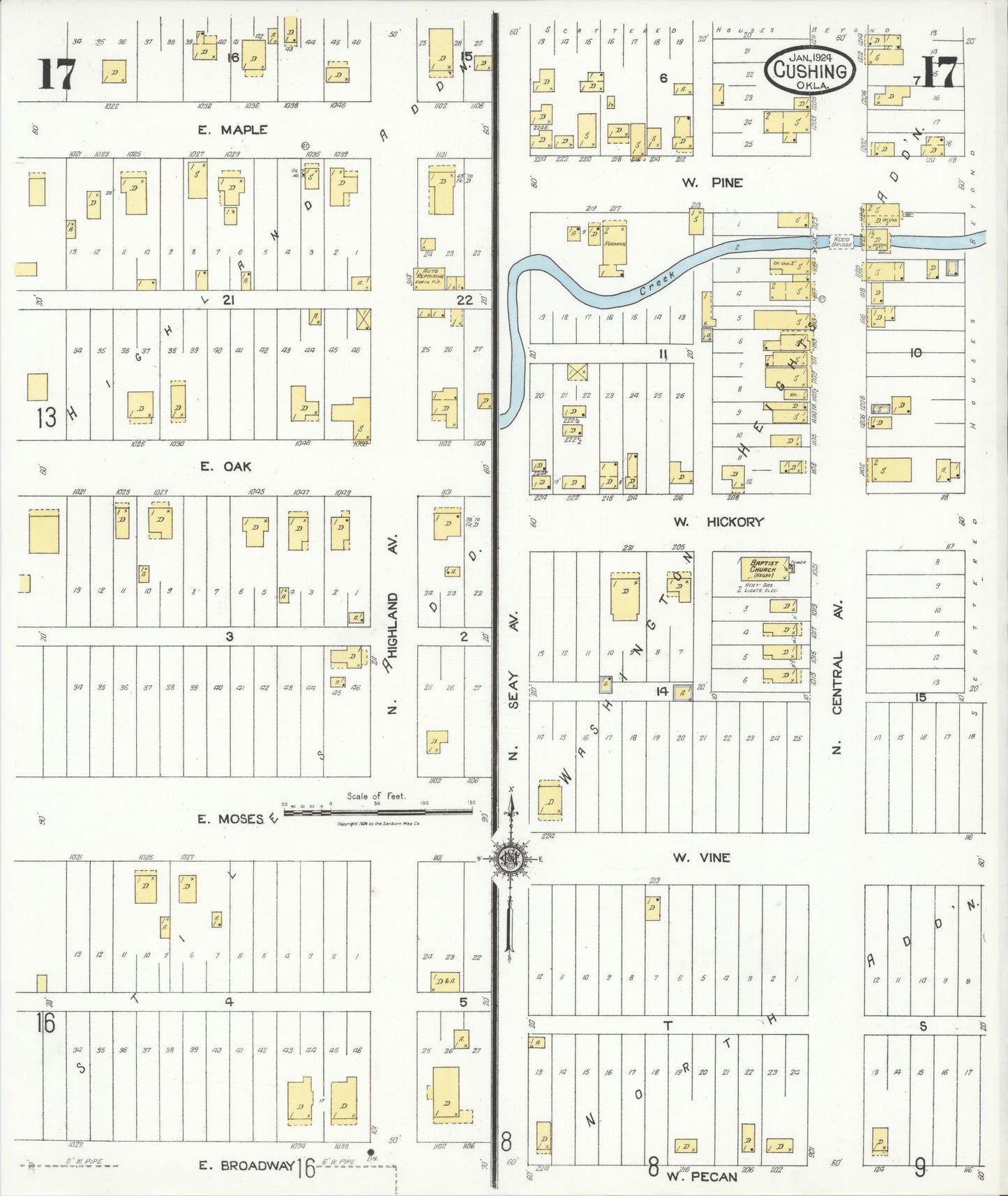 Sanborn Fire Insurance Map from Cushing, Payne County, Oklahoma (1924), Sheet #0017 - Historic Sanborn Fire Insurance Map Print, vintage old map wall art, antique decor, genealogy gift, Oklahoma Oklahoma map
