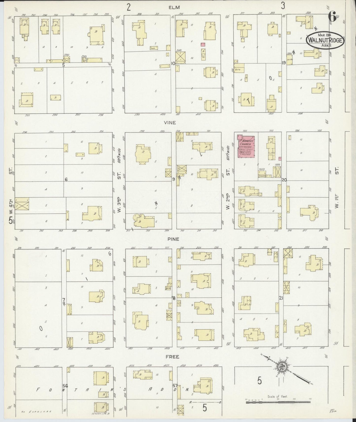 Sanborn Fire Insurance Map from Walnut Ridge, Lawrence County, Arkansas (1914), Sheet #0006 - Historic Sanborn Fire Insurance Map Print, vintage old map wall art, antique decor, genealogy gift, Arkansas Arkansas map