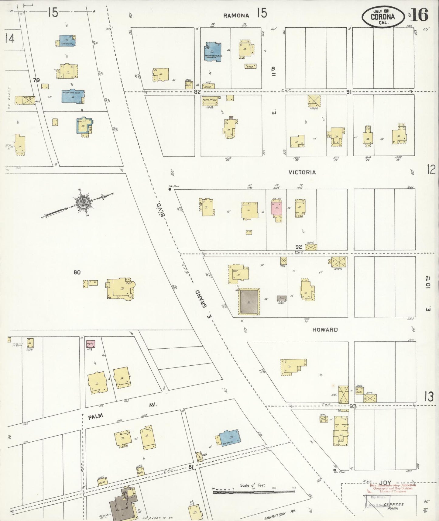 Sanborn Fire Insurance Map from Corona, Riverside County, California (1911), Sheet #0016 - Historic Sanborn Fire Insurance Map Print, vintage old map wall art, antique decor, genealogy gift, California California map