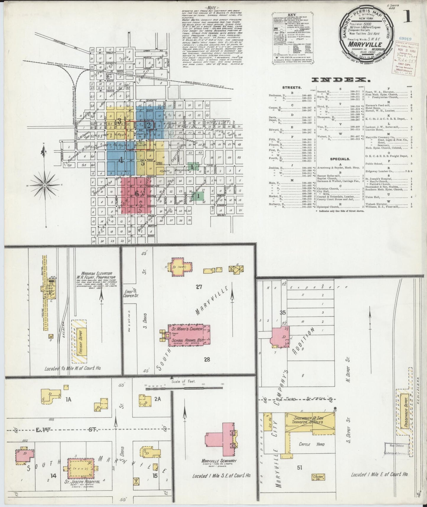 Sanborn Fire Insurance Map from Maryville, Nodaway County, Missouri (1900), Sheet #0001 - Historic Sanborn Fire Insurance Map Print, vintage old map wall art, antique decor, genealogy gift, Missouri Missouri map