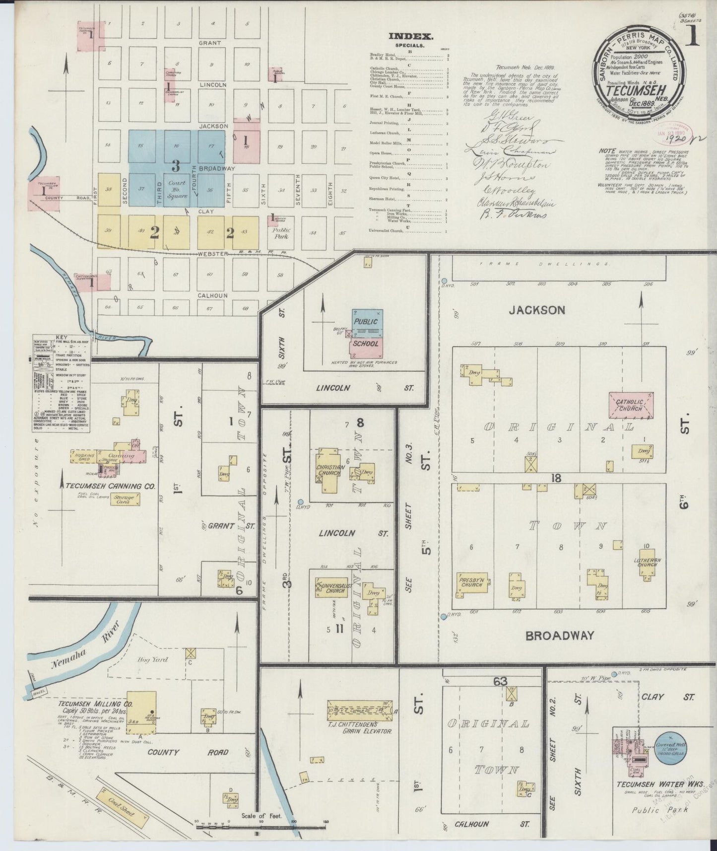 Sanborn Fire Insurance Map from Tecumseh, Johnson County, Nebraska (1889), Sheet #0001 - Historic Sanborn Fire Insurance Map Print, vintage old map wall art, antique decor, genealogy gift, Nebraska Nebraska map