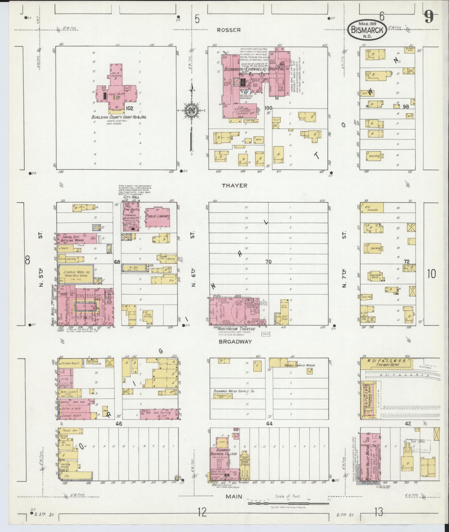 Sanborn Fire Insurance Map from Bismarck, Burleigh County, North Dakota (1919), Sheet #0009 - Historic Sanborn Fire Insurance Map Print, vintage old map wall art, antique decor, genealogy gift, North Dakota North Dakota map