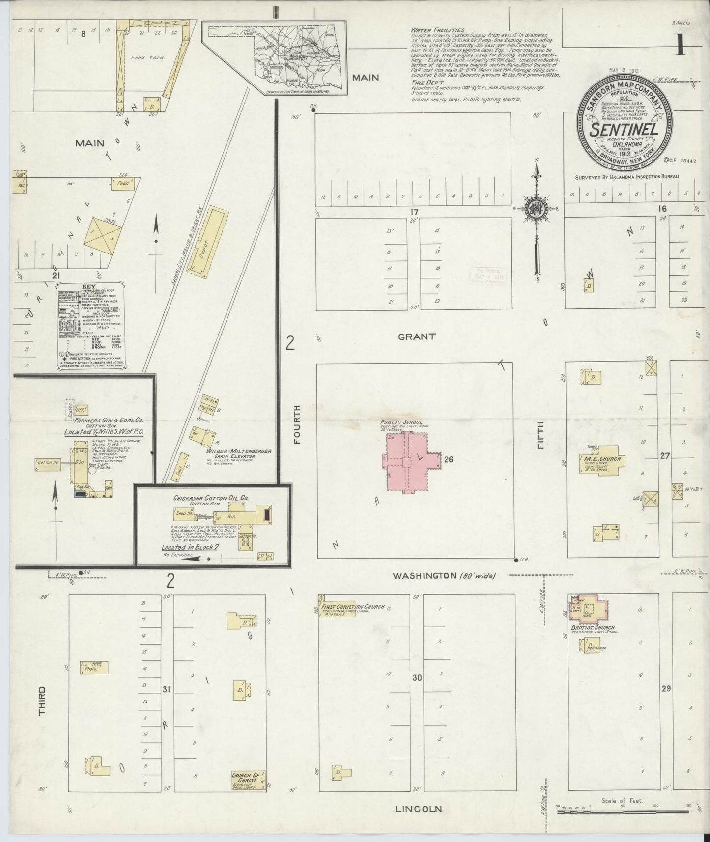 Sanborn Fire Insurance Map from Sentinel, Wasbita County, Oklahoma (1913), Sheet #0001 - Historic Sanborn Fire Insurance Map Print, vintage old map wall art, antique decor, genealogy gift, Oklahoma Oklahoma map
