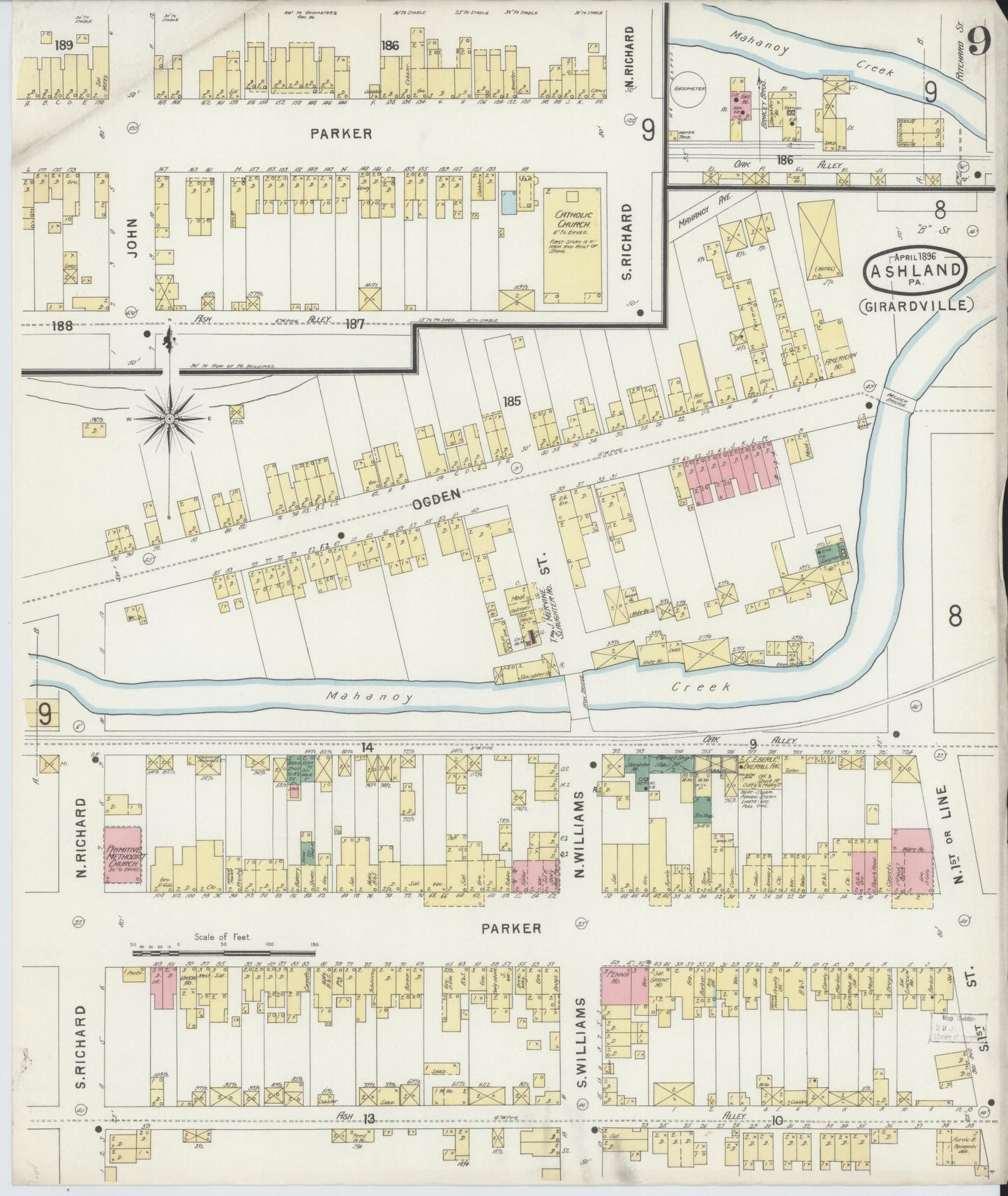 Sanborn Fire Insurance Map from Ashland, Schuylkill County, Pennsylvania (1896), Sheet #0009 - Historic Sanborn Fire Insurance Map Print, vintage old map wall art, antique decor, genealogy gift, Pennsylvania Pennsylvania map