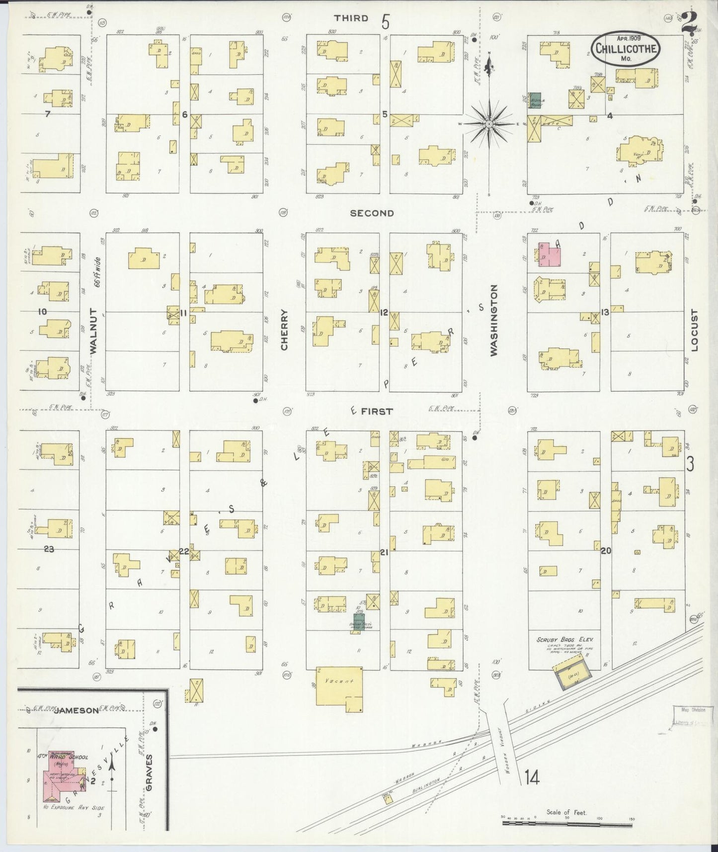 Sanborn Fire Insurance Map from Chillicothe, Livingston County, Missouri (1909), Sheet #0002 - Historic Sanborn Fire Insurance Map Print, vintage old map wall art, antique decor, genealogy gift, Missouri Missouri map