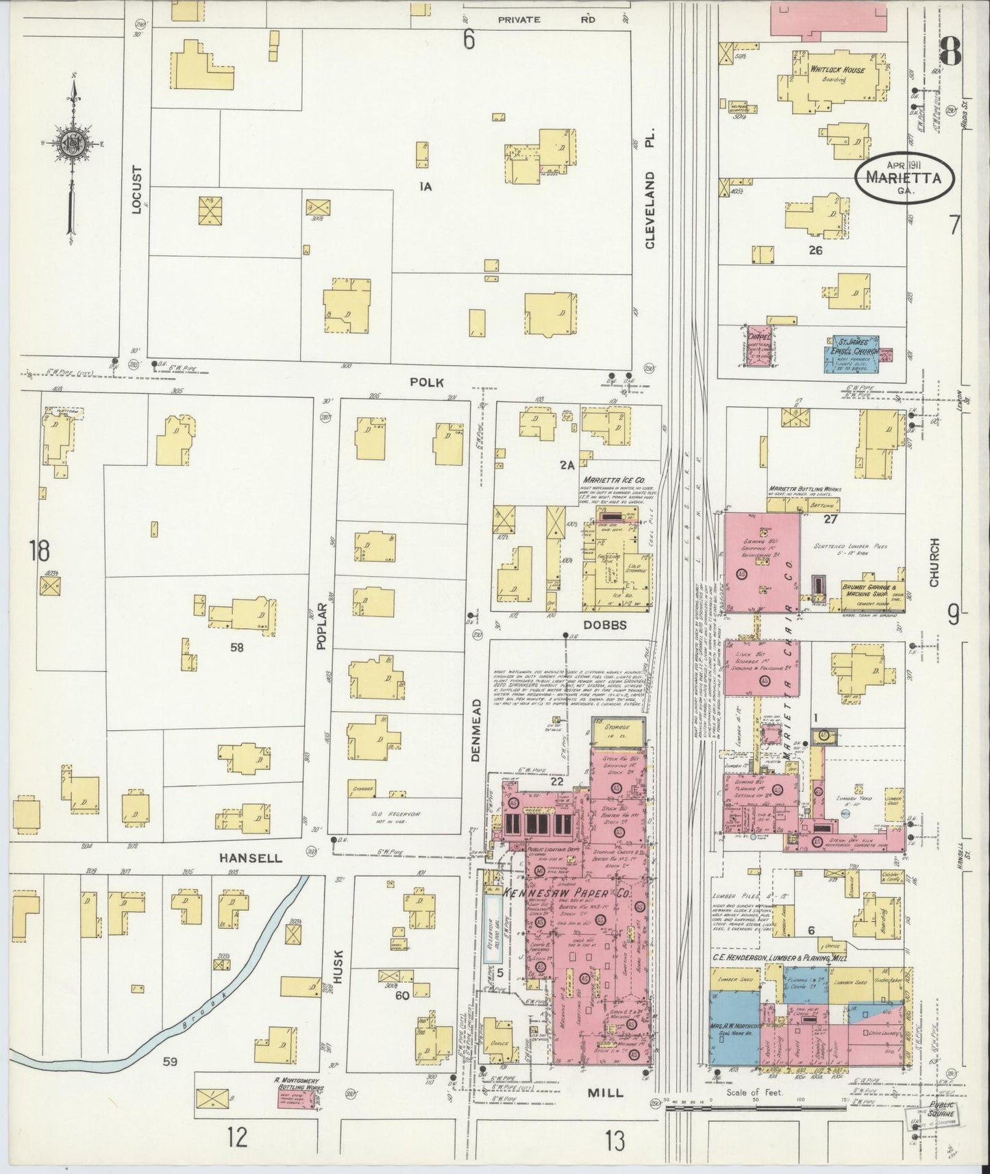Sanborn Fire Insurance Map from Marietta, Cobb County, Georgia (1911), Sheet #0008 - Historic Sanborn Fire Insurance Map Print, vintage old map wall art, antique decor, genealogy gift, Georgia Georgia map