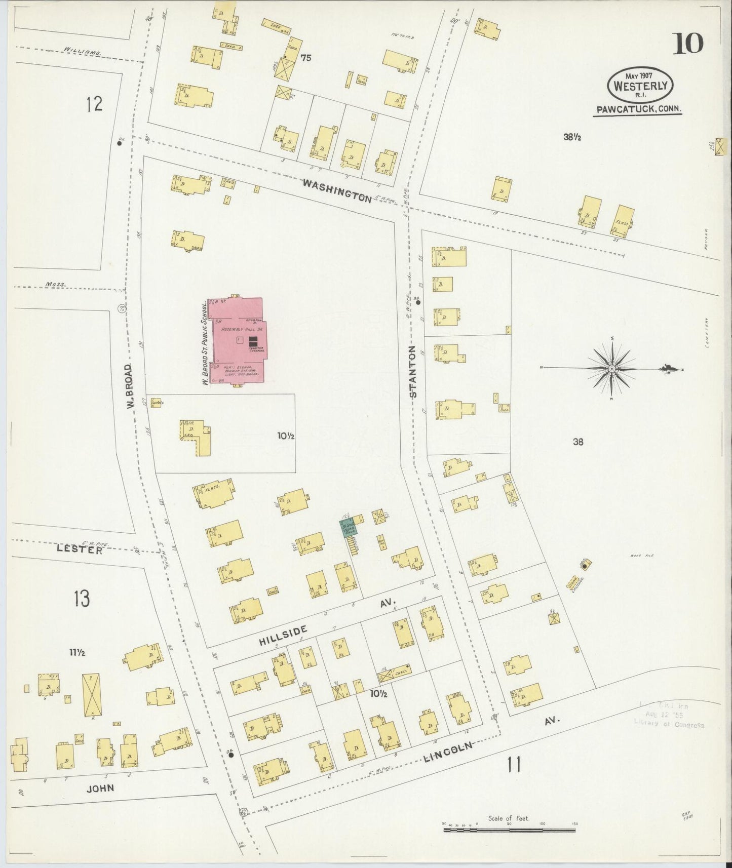 Sanborn Fire Insurance Map from Westerly, Washington County, Rhode Island (1907), Sheet #0010 - Historic Sanborn Fire Insurance Map Print, vintage old map wall art, antique decor, genealogy gift, Rhode Island Rhode Island map