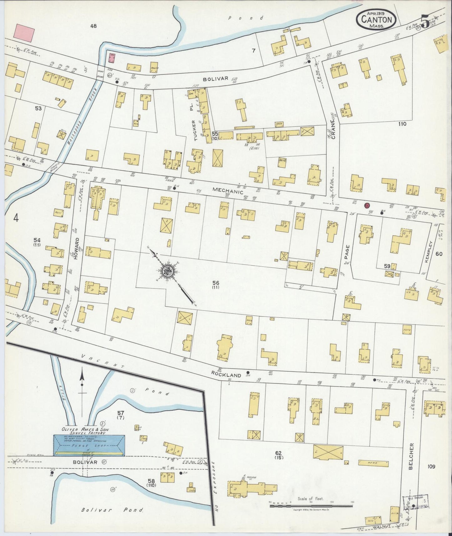 Sanborn Fire Insurance Map from Canton, Norfolk County, Massachusetts (1919), Sheet #0005 - Historic Sanborn Fire Insurance Map Print, vintage old map wall art, antique decor, genealogy gift, Massachusetts Massachusetts map