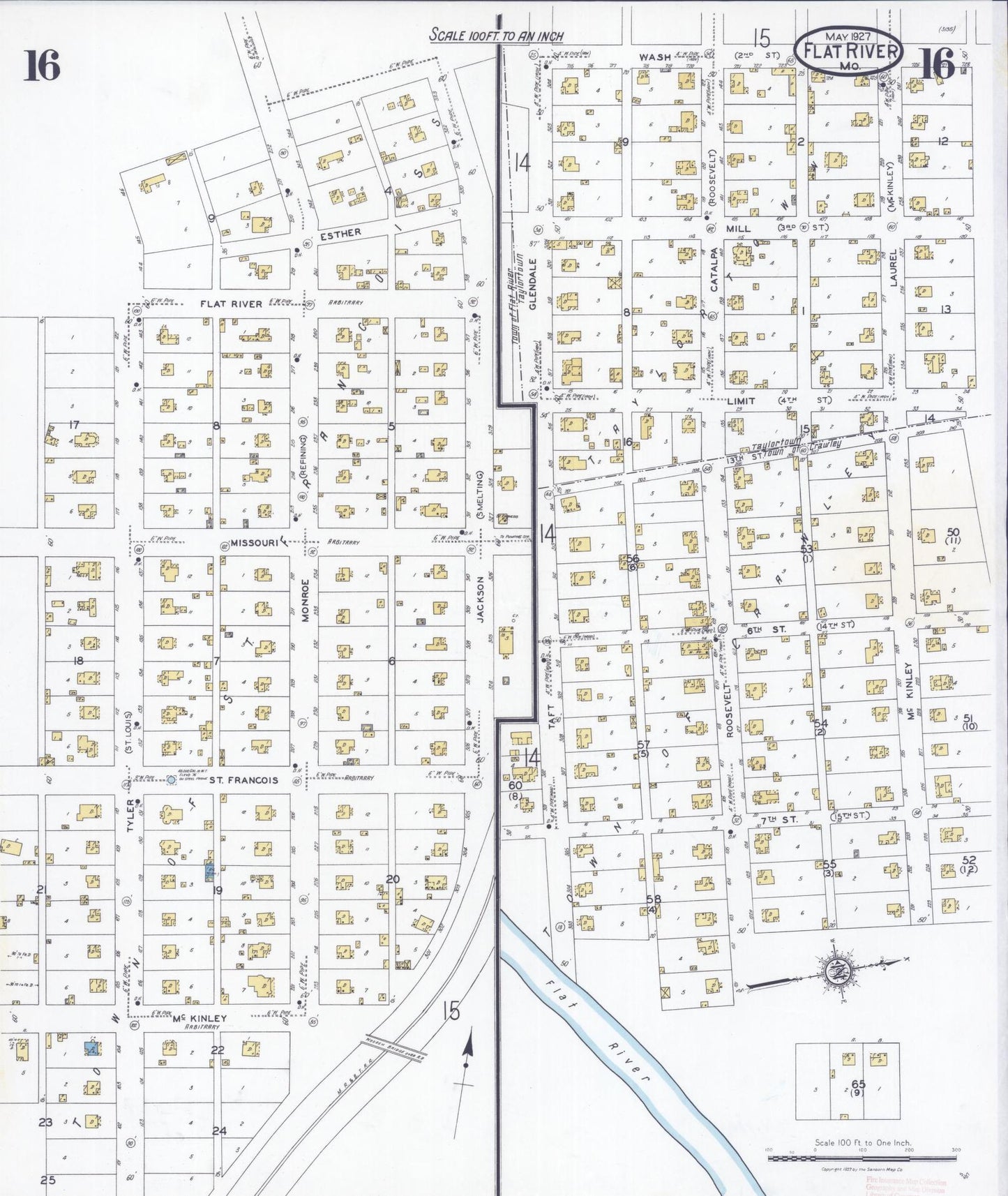 Sanborn Fire Insurance Map from Flat River, Saint Francois County, Missouri (1927), Sheet #0016 - Historic Sanborn Fire Insurance Map Print, vintage old map wall art, antique decor, genealogy gift, Missouri Missouri map