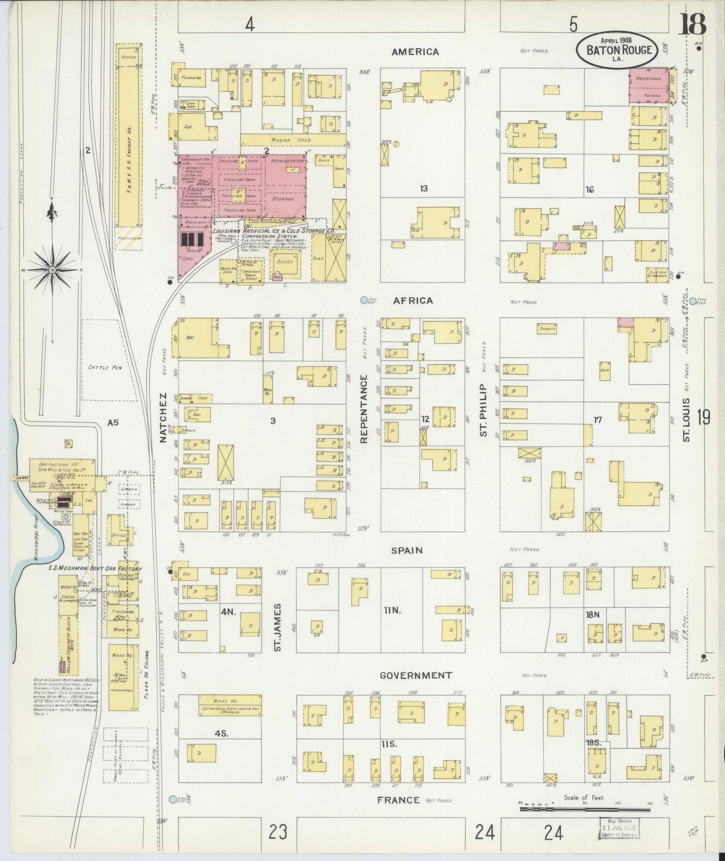 Sanborn Fire Insurance Map from Baton Rouge, East Baton Rouge Parish, Louisiana (1908), Sheet #0018 - Historic Sanborn Fire Insurance Map Print, vintage old map wall art, antique decor, genealogy gift, Louisiana Louisiana map