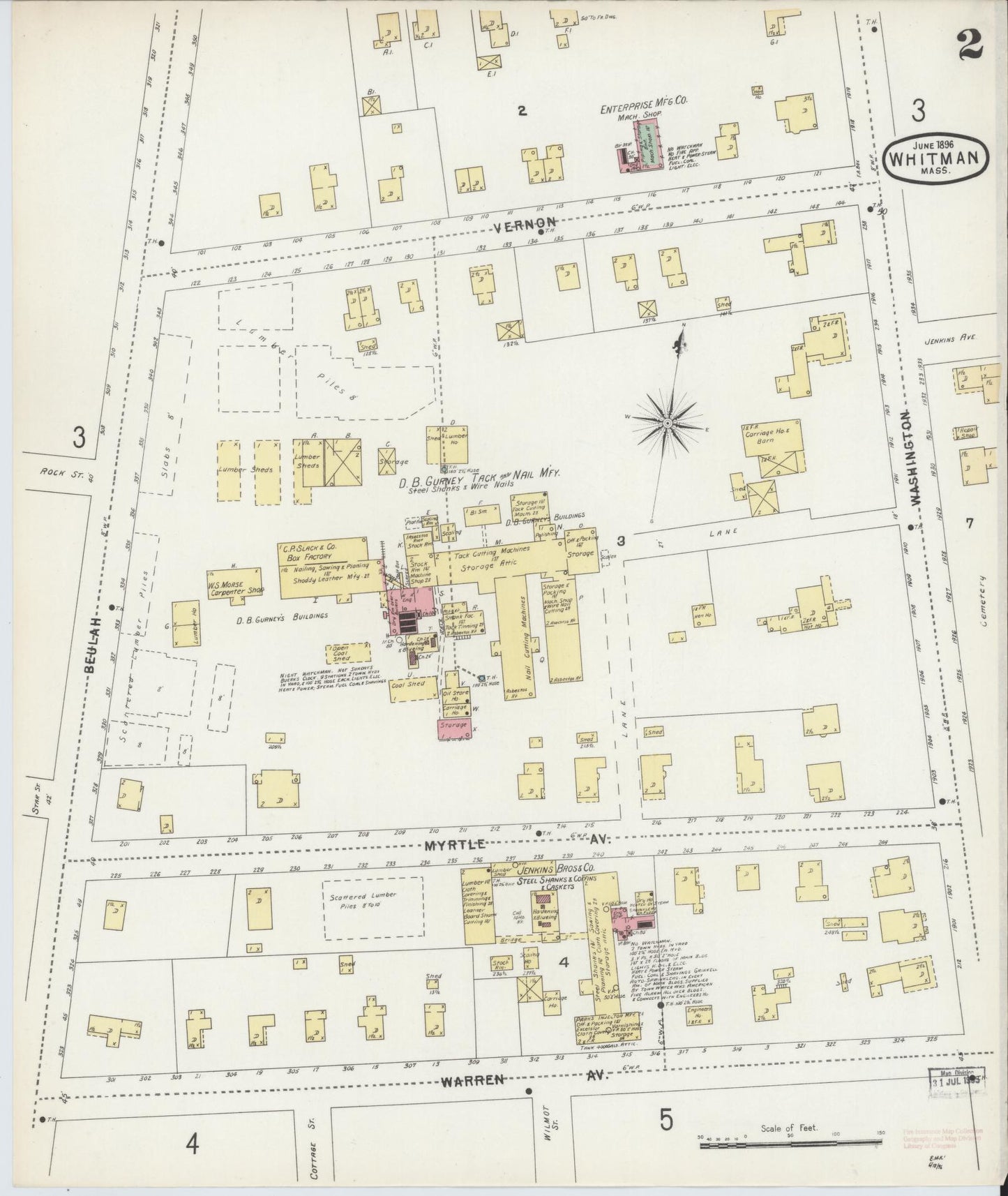 Sanborn Fire Insurance Map from Whitman, Plymouth County, Massachusetts (1896), Sheet #0002 - Historic Sanborn Fire Insurance Map Print, vintage old map wall art, antique decor, genealogy gift, Massachusetts Massachusetts map