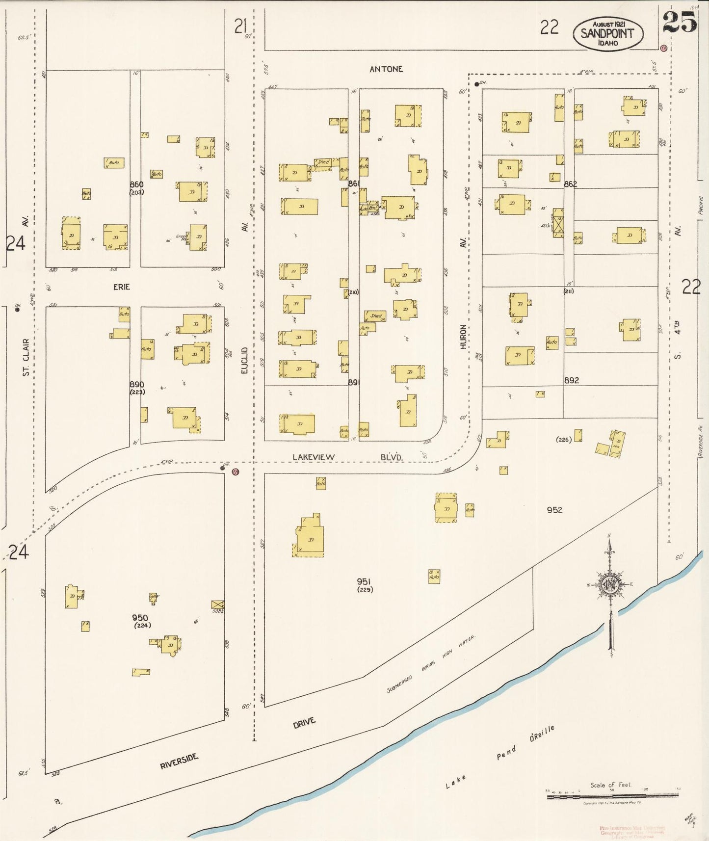 Sanborn Fire Insurance Map from Sandpoint, Bonner County, Idaho (1921), Sheet #0025 - Historic Sanborn Fire Insurance Map Print, vintage old map wall art, antique decor, genealogy gift, Idaho Idaho map