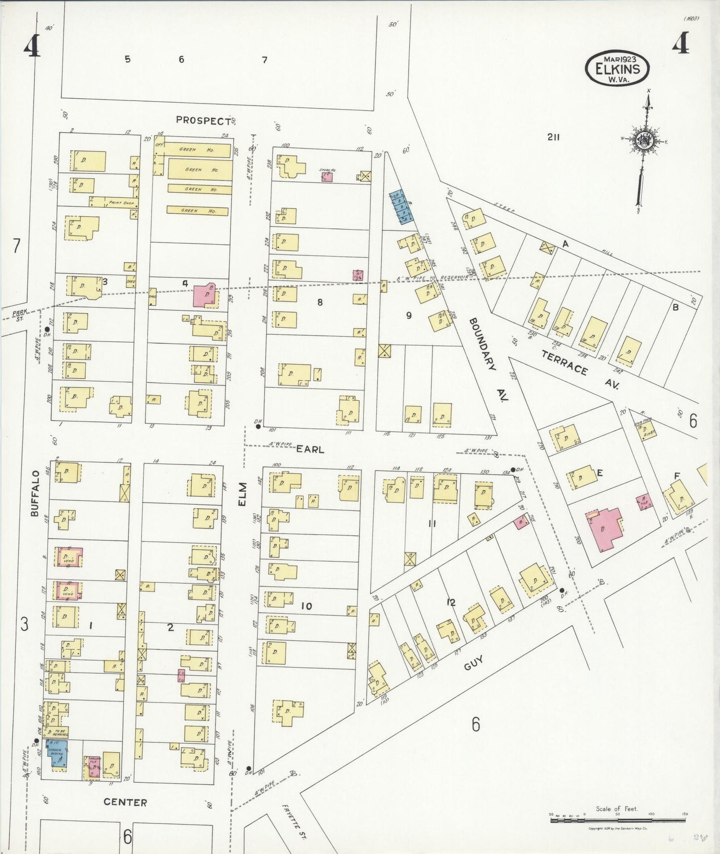 Sanborn Fire Insurance Map from Elkins, Randolph County, West Virginia (1923), Sheet #0004 - Historic Sanborn Fire Insurance Map Print, vintage old map wall art, antique decor, genealogy gift, West Virginia West Virginia map