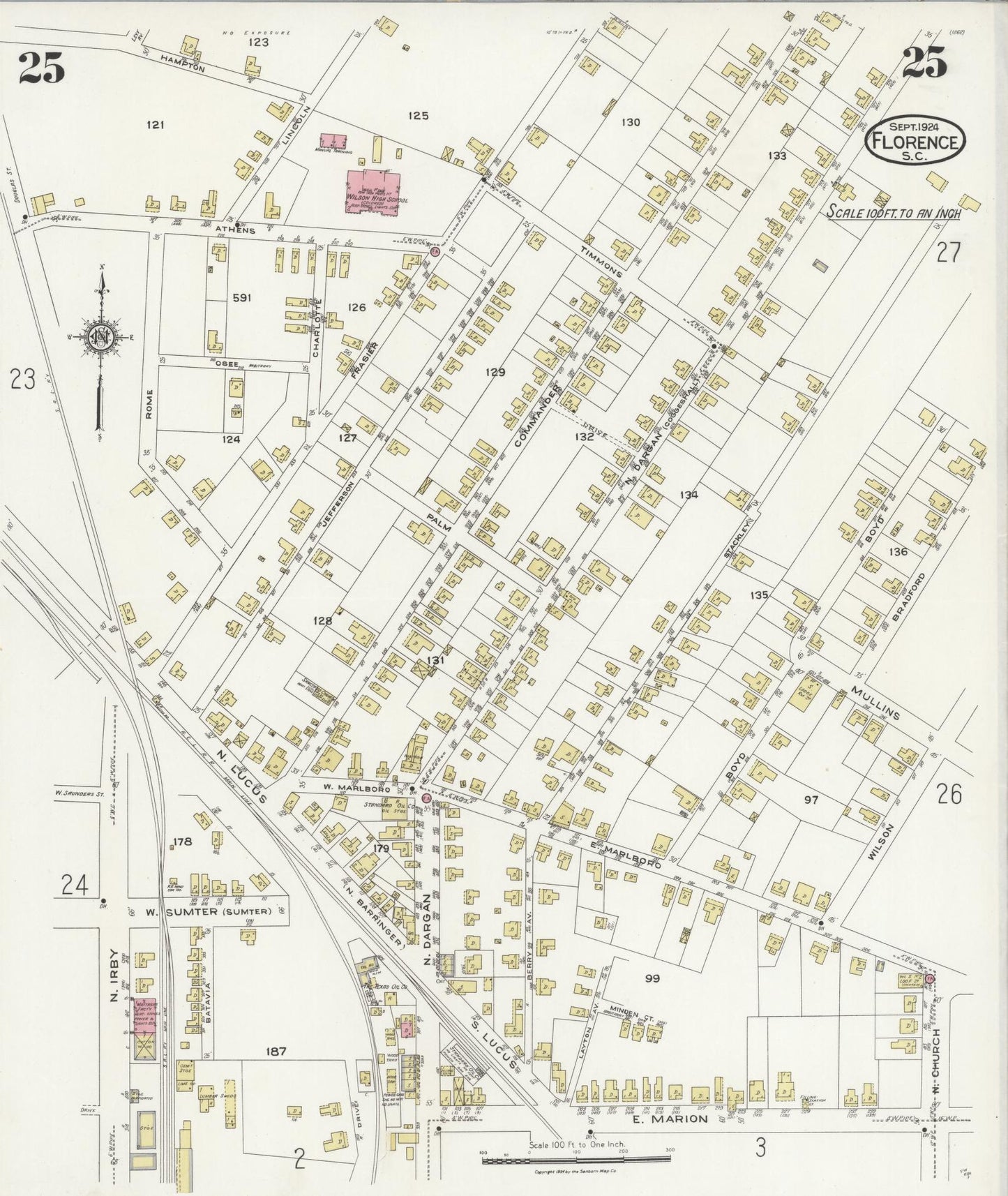 Sanborn Fire Insurance Map from Florence, Florence County, South Carolina (1924), Sheet #0025 - Historic Sanborn Fire Insurance Map Print, vintage old map wall art, antique decor, genealogy gift, South Carolina South Carolina map