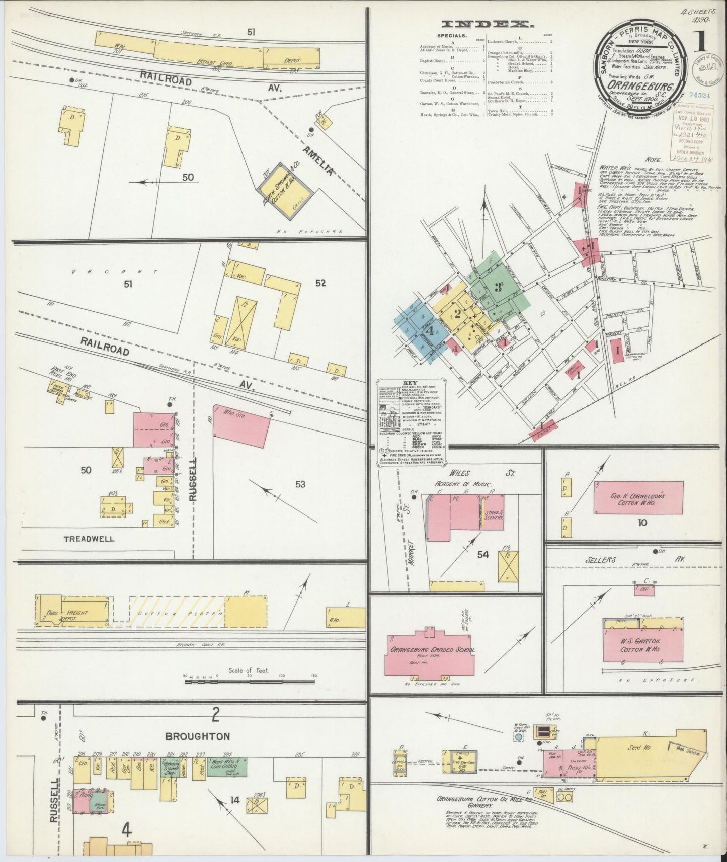 Sanborn Fire Insurance Map from Orangeburg, Orangeburg County, South Carolina (1900), Sheet #0001 - Historic Sanborn Fire Insurance Map Print, vintage old map wall art, antique decor, genealogy gift, South Carolina South Carolina map