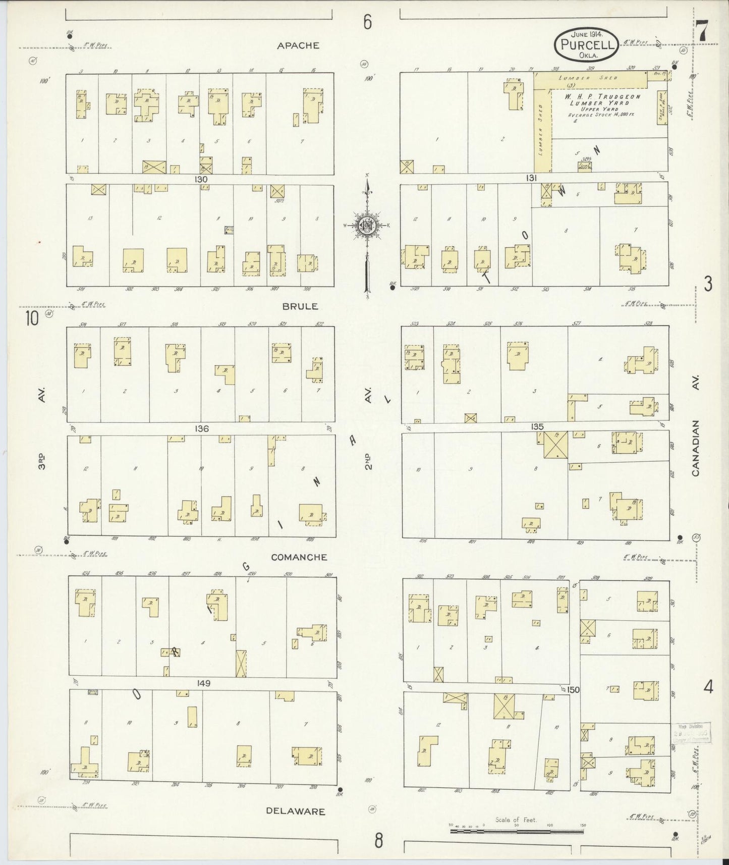 Sanborn Fire Insurance Map from Purcell, McClain County, Oklahoma (1914), Sheet #0007 - Historic Sanborn Fire Insurance Map Print, vintage old map wall art, antique decor, genealogy gift, Oklahoma Oklahoma map
