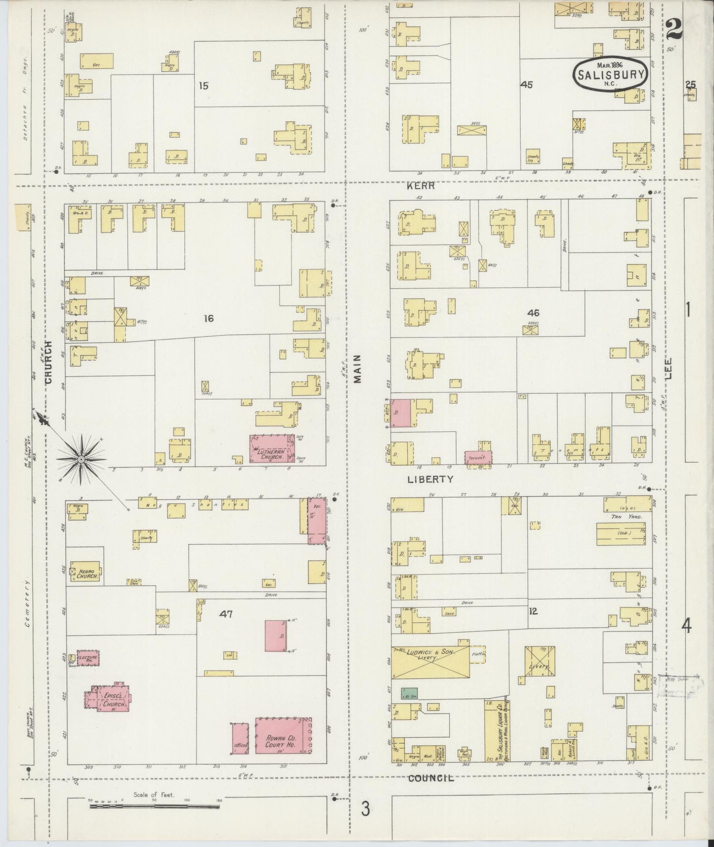 Sanborn Fire Insurance Map from Salisbury, Rowan County, North Carolina (1896), Sheet #0002 - Historic Sanborn Fire Insurance Map Print, vintage old map wall art, antique decor, genealogy gift, North Carolina North Carolina map