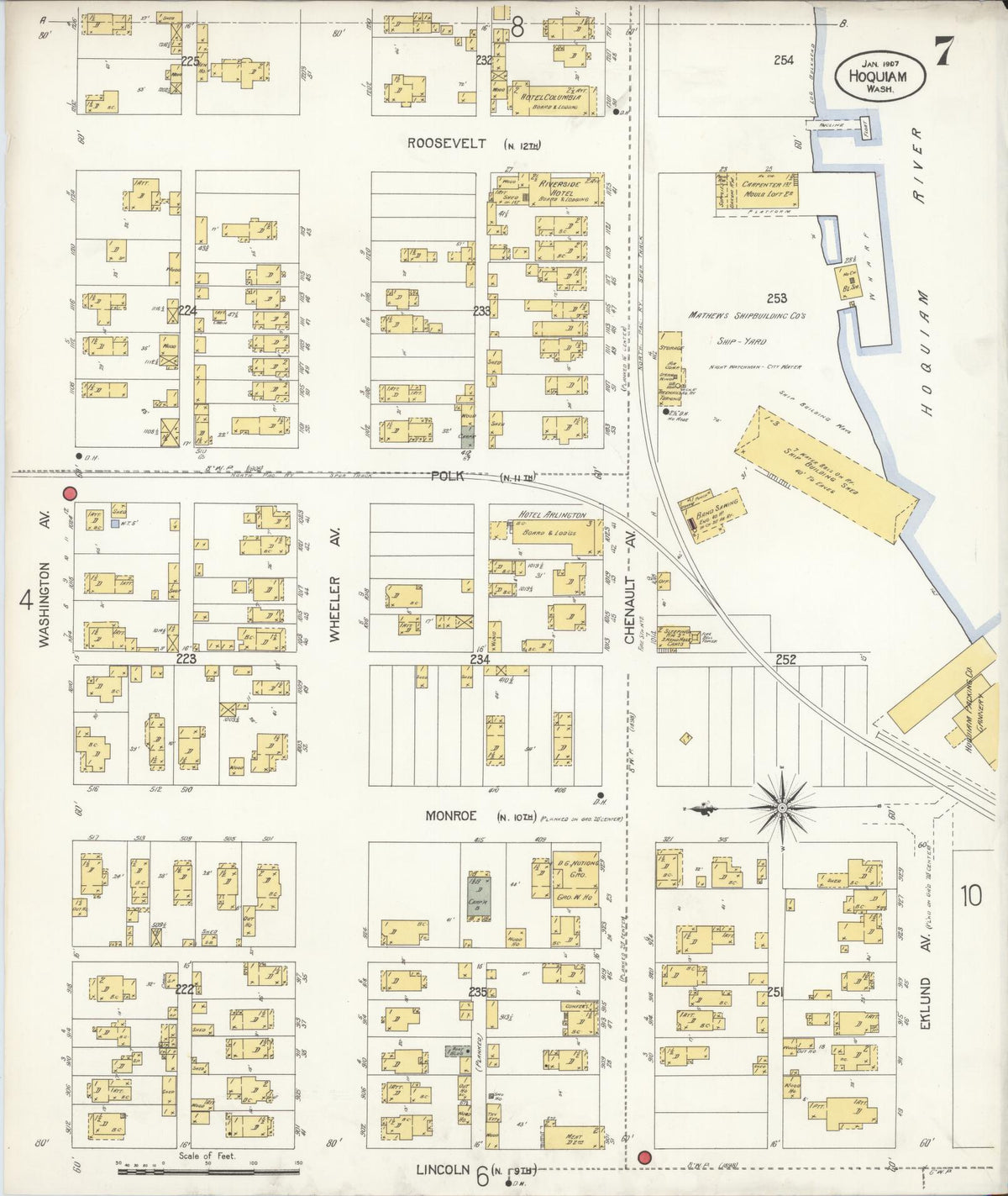 Sanborn Fire Insurance Map from Hoquiam, Grays Harbor County, Washington (1907), Sheet #0007 - Historic Sanborn Fire Insurance Map Print, vintage old map wall art, antique decor, genealogy gift, Washington Washington map