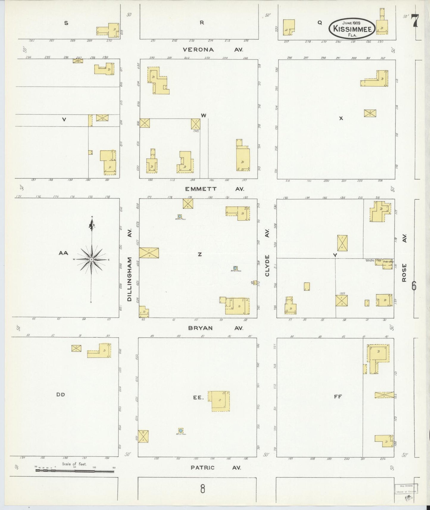 Sanborn Fire Insurance Map from Kissimmee, Osceola County, Florida (1909), Sheet #0007 - Historic Sanborn Fire Insurance Map Print, vintage old map wall art, antique decor, genealogy gift, Florida Florida map