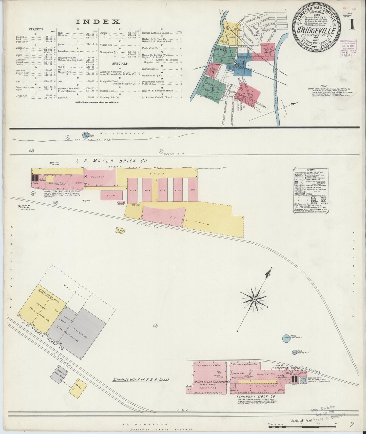 Sanborn Fire Insurance Map from Bridgeville, Allegheny County, Pennsylvania (1907), Sheet #0001 - Historic Sanborn Fire Insurance Map Print, vintage old map wall art, antique decor, genealogy gift, Pennsylvania Pennsylvania map