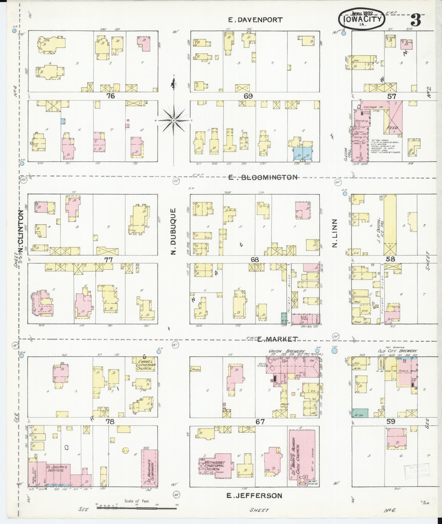 Sanborn Fire Insurance Map from Iowa City, Johnson County, Iowa (1892), Sheet #0003 - Historic Sanborn Fire Insurance Map Print, vintage old map wall art