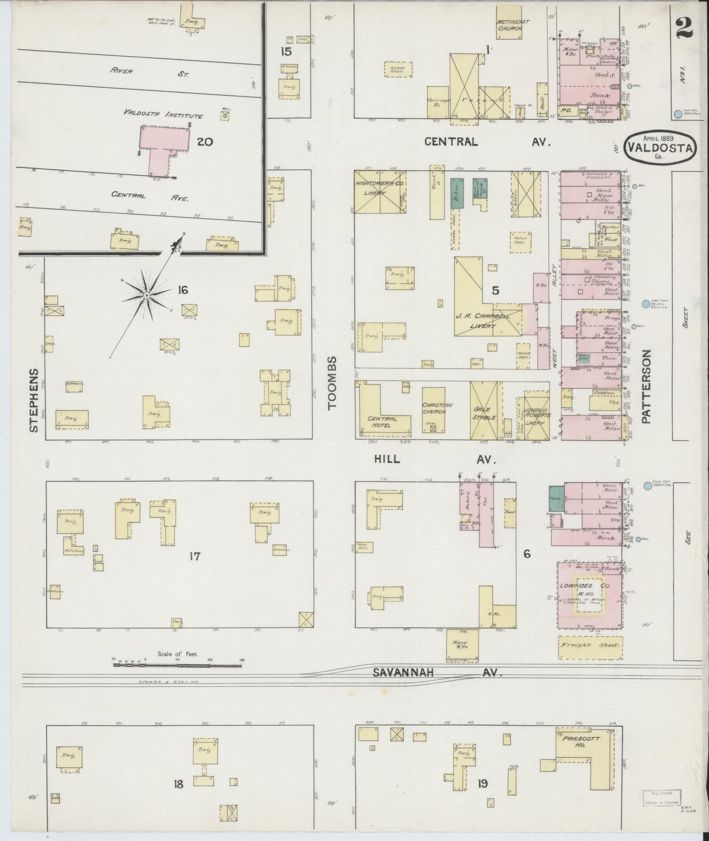 Sanborn Fire Insurance Map from Valdosta, Lowndes County, Georgia (1889), Sheet #0002 - Historic Sanborn Fire Insurance Map Print, vintage old map wall art, antique decor, genealogy gift, Georgia Georgia map