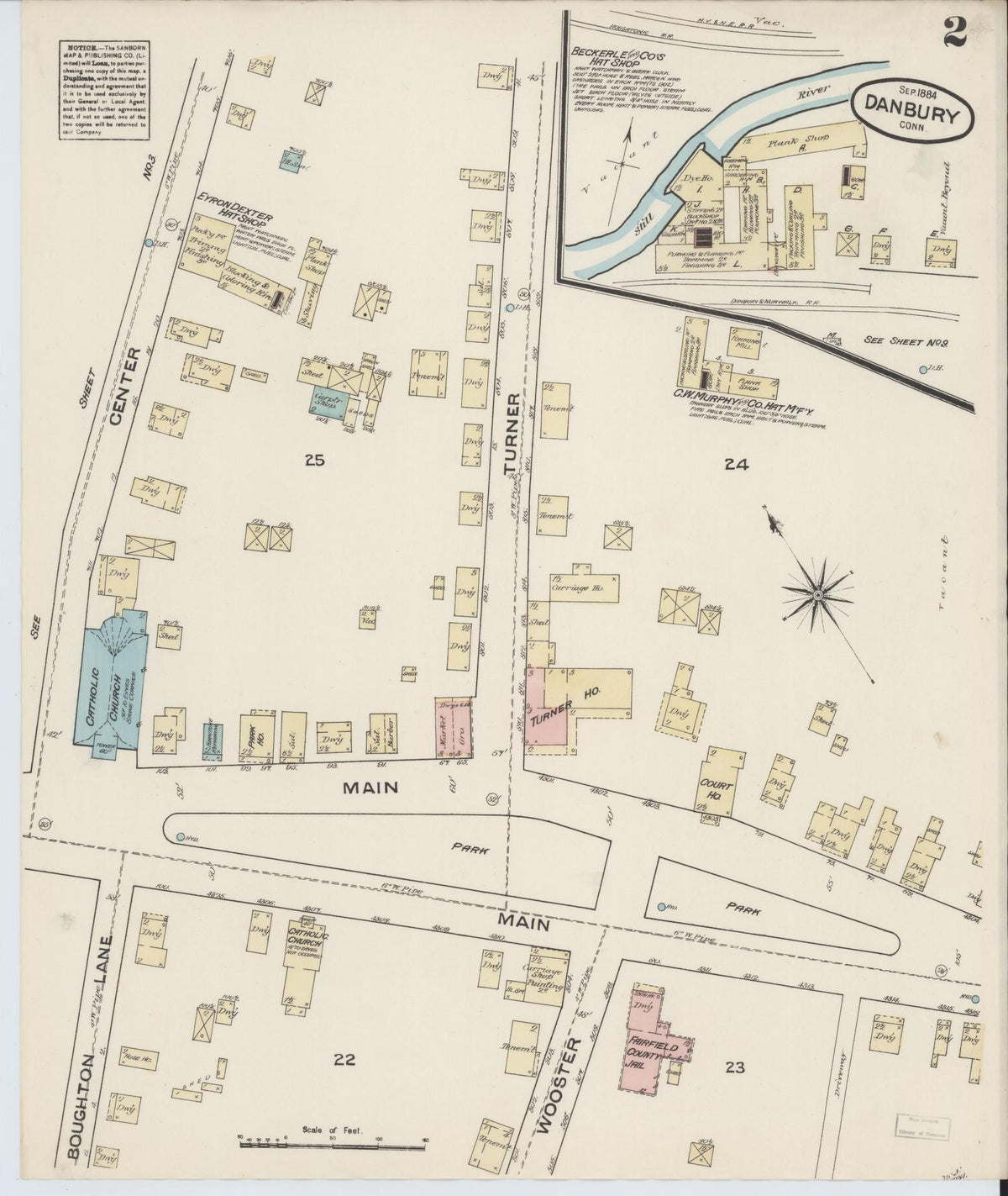 Sanborn Fire Insurance Map from Danbury, Fairfield County, Connecticut (1884), Sheet #0002 - Historic Sanborn Fire Insurance Map Print, vintage old map wall art, antique decor, genealogy gift, Connecticut Connecticut map