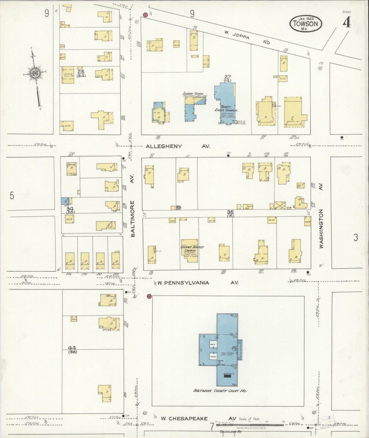 Sanborn Fire Insurance Map from Towson, Baltimore County, Maryland (1922), Sheet #0004 - Historic Sanborn Fire Insurance Map Print, vintage old map wall art, antique decor, genealogy gift, Maryland Maryland map