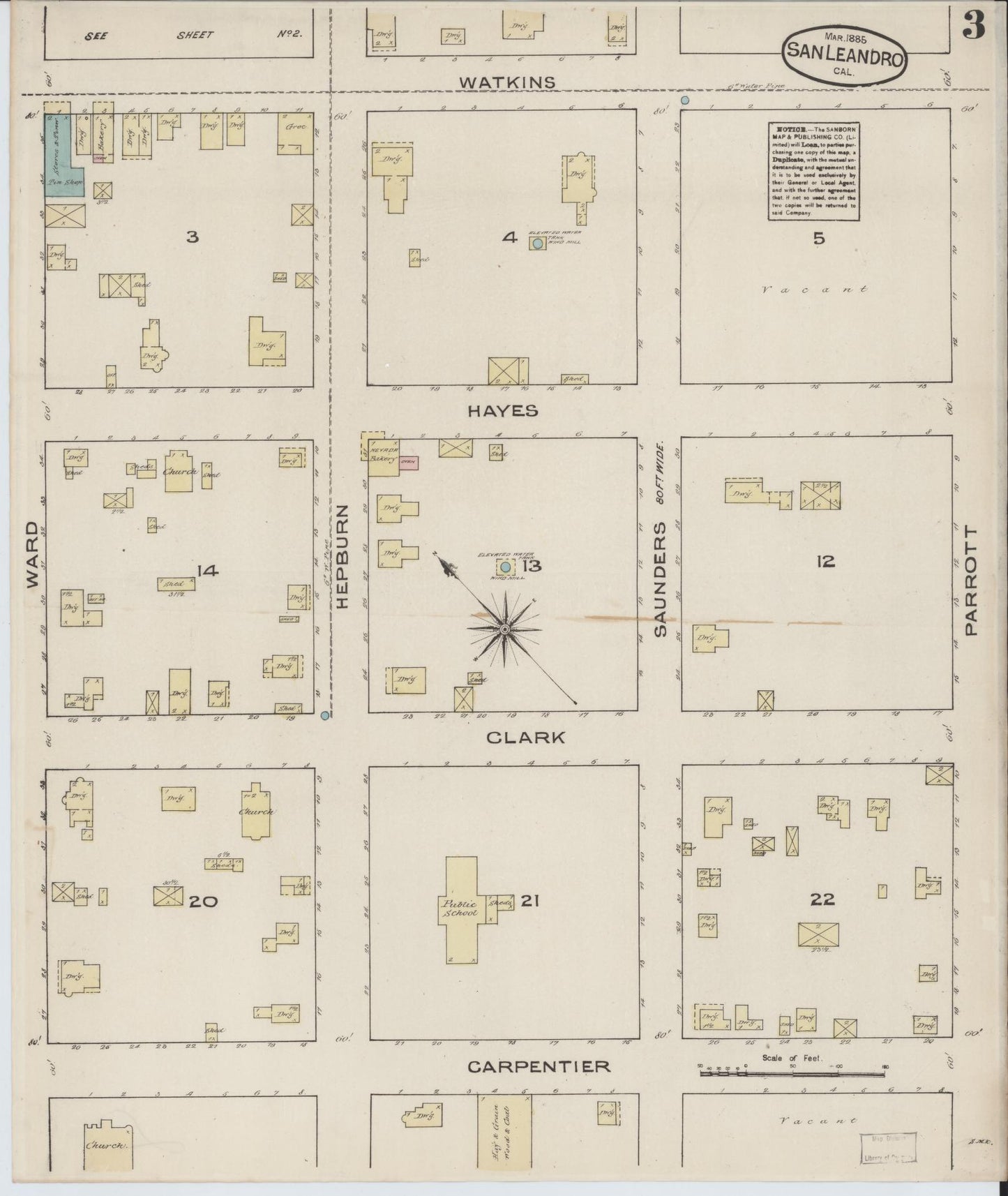 Sanborn Fire Insurance Map from San Leandro, Alameda County, California (1885), Sheet #0003 - Complete Map Set gallery image, historic Sanborn map, vintage wall art, California California