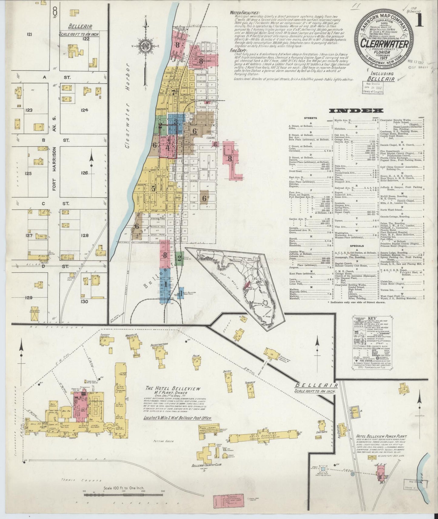 Sanborn Fire Insurance Map from Clearwater, Pinellas County, Florida (1917), Sheet #0001 - Historic Sanborn Fire Insurance Map Print, vintage old map wall art, antique decor, genealogy gift, Florida Florida map