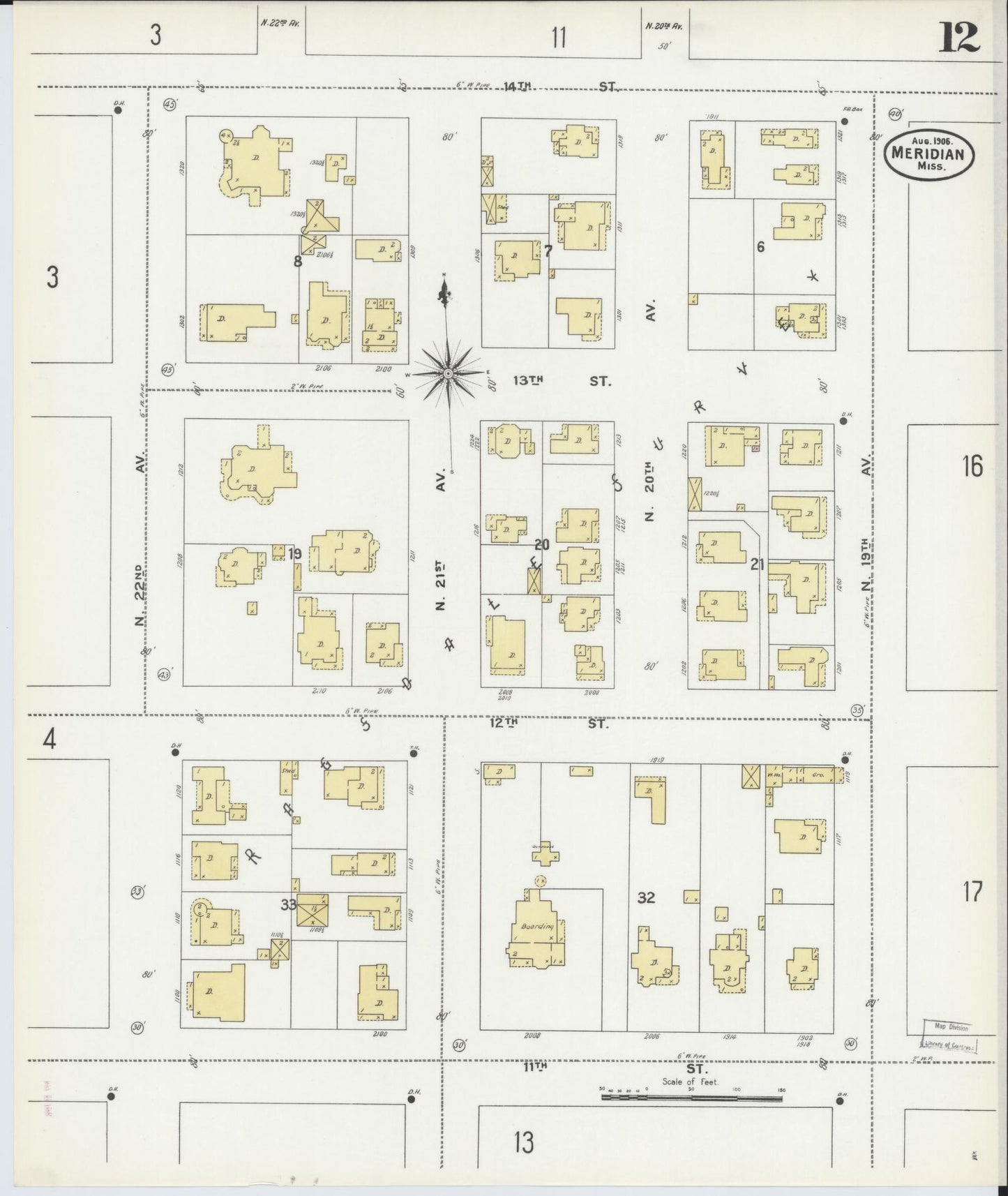 Sanborn Fire Insurance Map from Meridian, Lauderdale County, Mississippi (1906), Sheet #0012 - Historic Sanborn Fire Insurance Map Print, vintage old map wall art, antique decor, genealogy gift, Mississippi Mississippi map