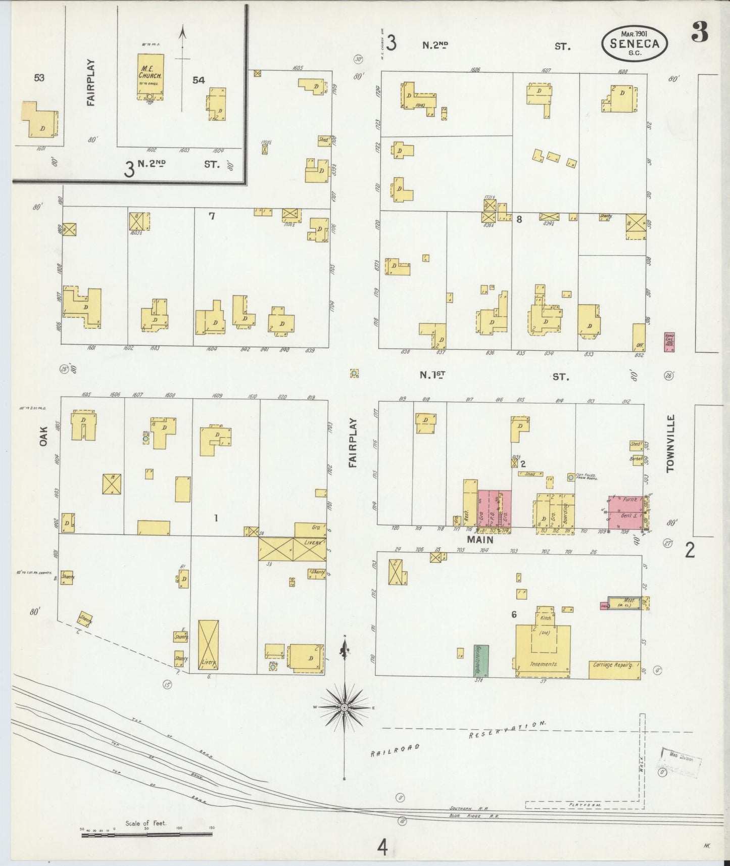 Sanborn Fire Insurance Map from Seneca, Oconee County, South Carolina (1901), Sheet #0003 - Historic Sanborn Fire Insurance Map Print, vintage old map wall art, antique decor, genealogy gift, South Carolina South Carolina map