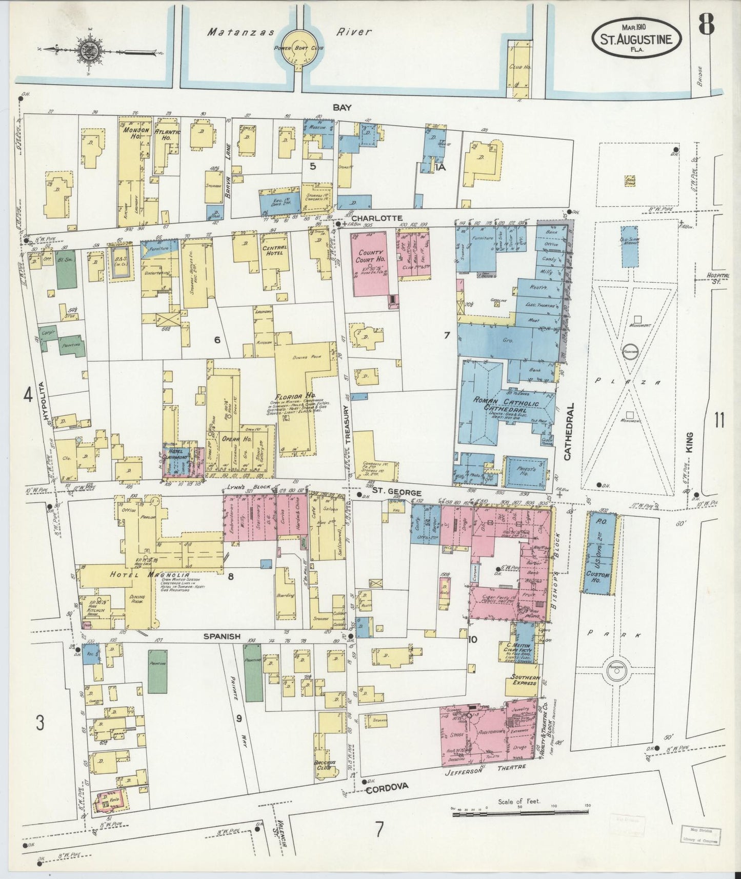 Sanborn Fire Insurance Map from Saint Augustine, Saint John's County, Florida (1910), Sheet #0008 - Historic Sanborn Fire Insurance Map Print, vintage old map wall art, antique decor, genealogy gift, Florida Florida map