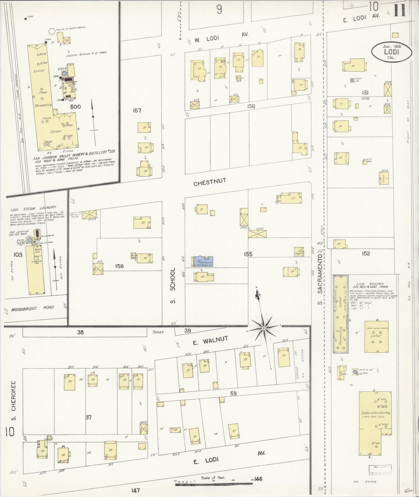 Sanborn Fire Insurance Map from Lodi, San Joaquin County, California (1908), Sheet #0011 - Historic Sanborn Fire Insurance Map Print, vintage old map wall art, antique decor, genealogy gift, California California map