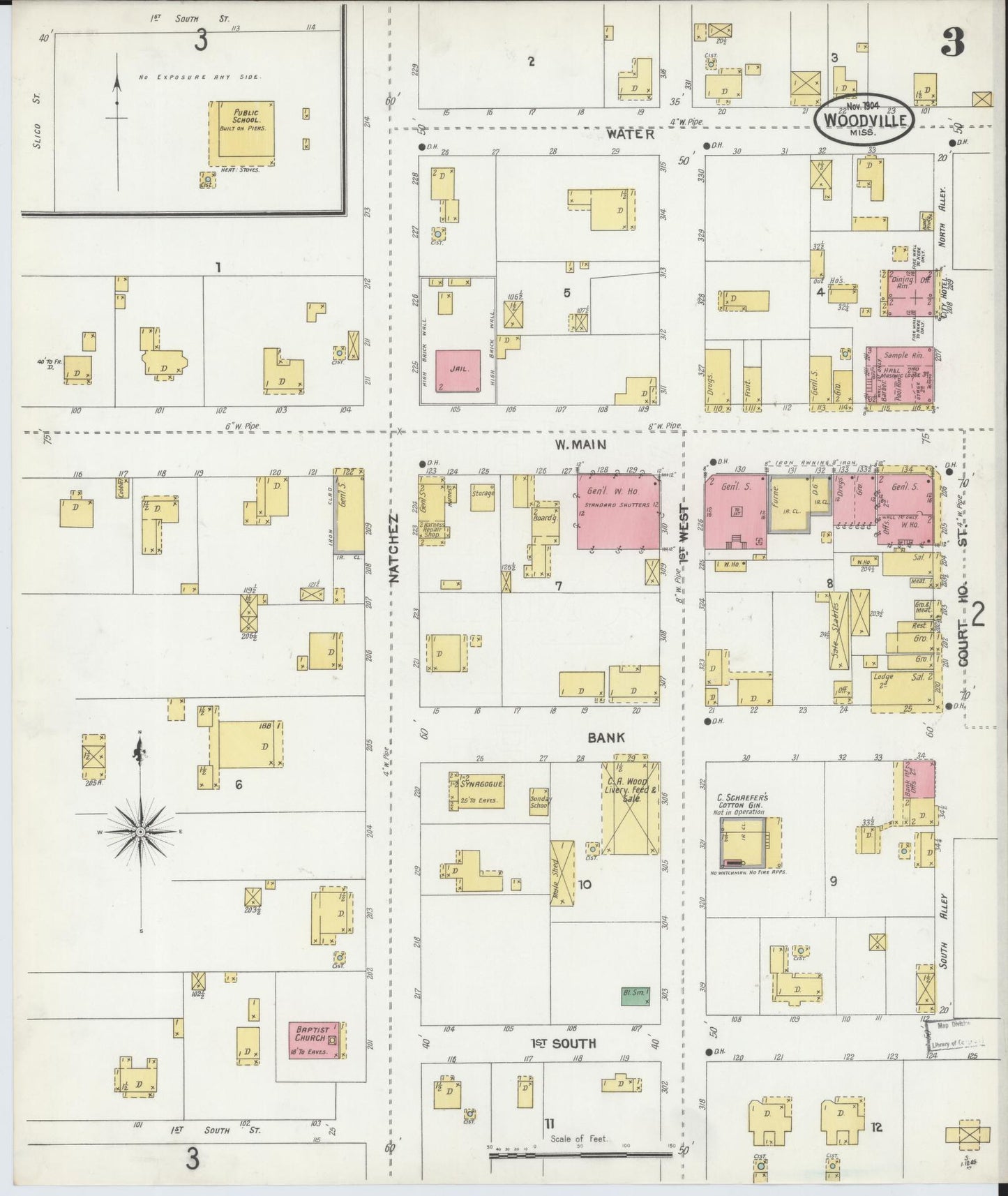 Sanborn Fire Insurance Map from Woodville, Wilkinson County, Mississippi (1904), Sheet #0003 - Historic Sanborn Fire Insurance Map Print, vintage old map wall art, antique decor, genealogy gift, Mississippi Mississippi map