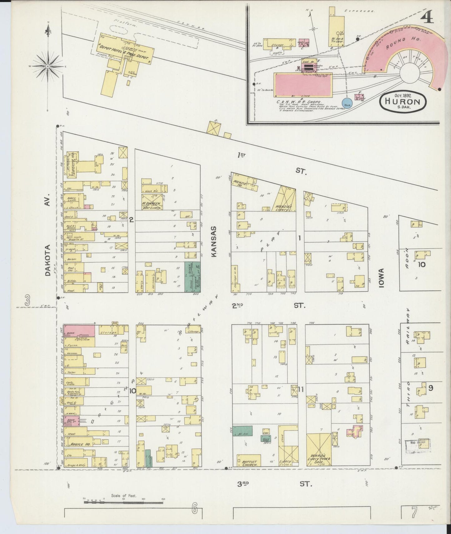 Sanborn Fire Insurance Map from Huron, Beadle County, South Dakota (1892), Sheet #0004 - Historic Sanborn Fire Insurance Map Print, vintage old map wall art, antique decor, genealogy gift, South Dakota South Dakota map