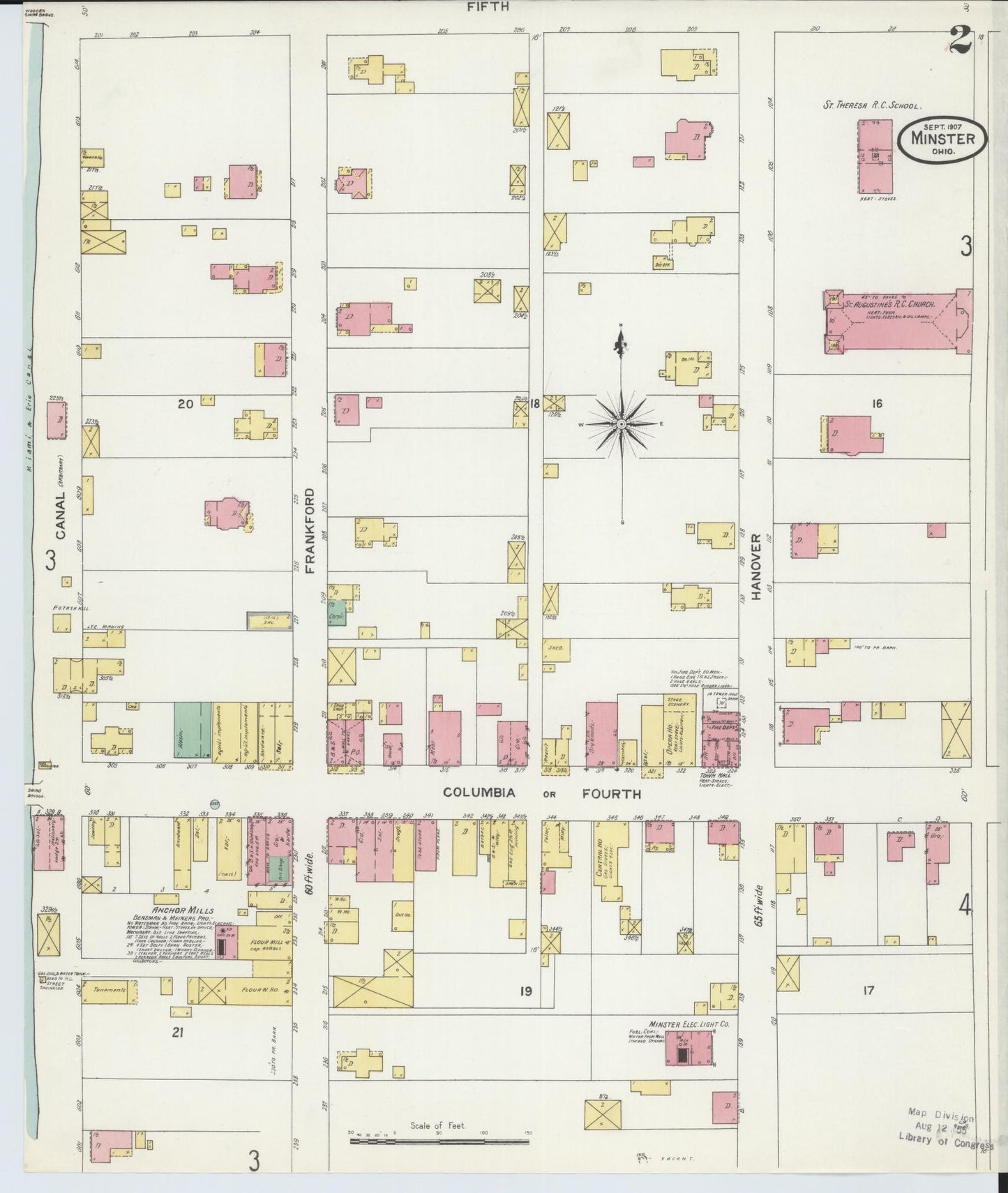 Sanborn Fire Insurance Map from Minster, Auglaize County, Ohio (1907), Sheet #0002 - Historic Sanborn Fire Insurance Map Print, vintage old map wall art, antique decor, genealogy gift, Ohio Ohio map