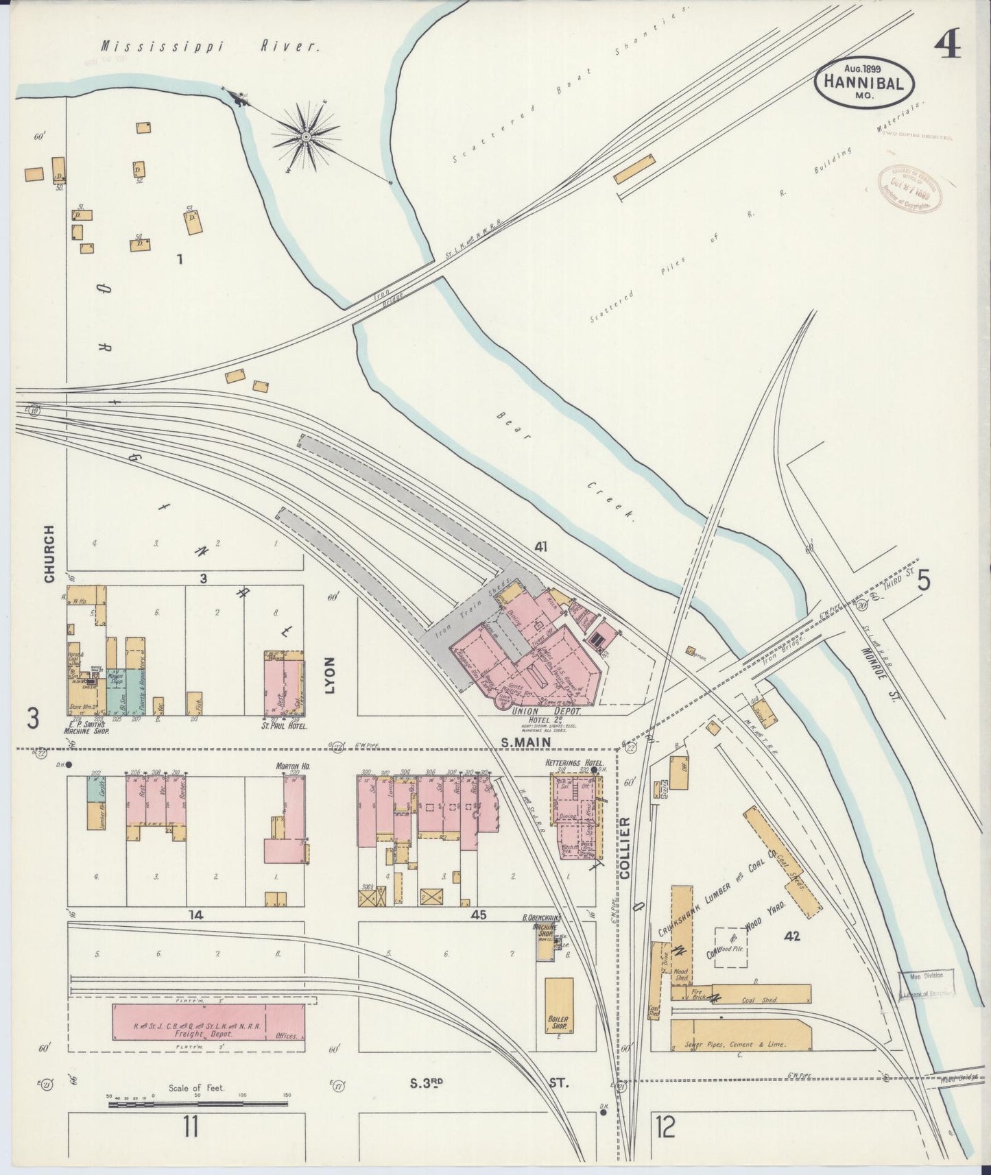 Sanborn Fire Insurance Map from Hannibal, Marion County, Missouri (1899), Sheet #0004 - Historic Sanborn Fire Insurance Map Print, vintage old map wall art, antique decor, genealogy gift, Missouri Missouri map