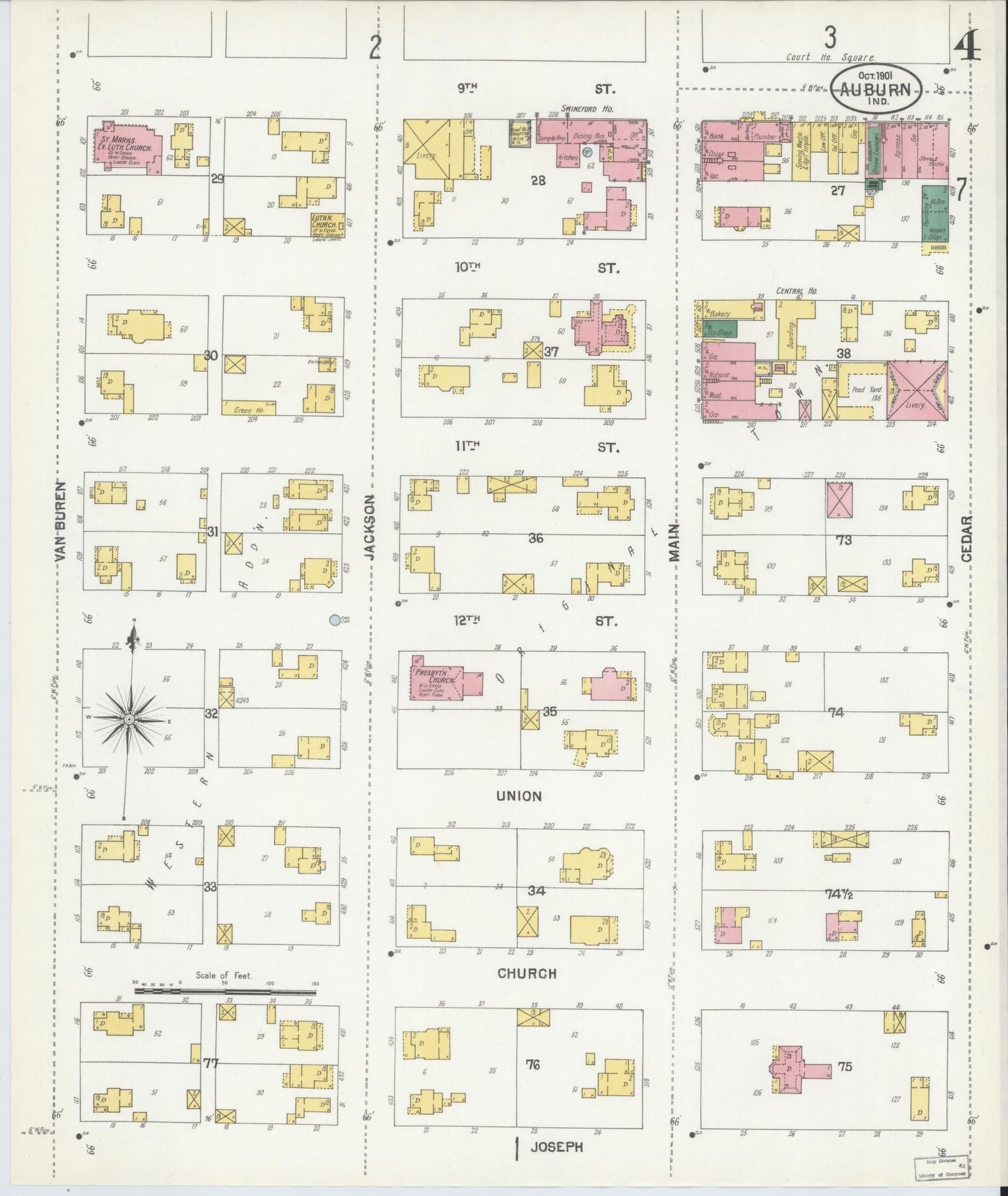 Sanborn Fire Insurance Map from Auburn, De Kalb County, Indiana (1901), Sheet #0004 - Historic Sanborn Fire Insurance Map Print, vintage old map wall art, antique decor, genealogy gift, Indiana Indiana map