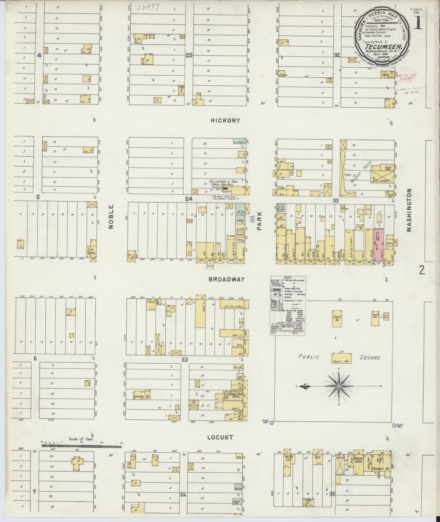 Sanborn Fire Insurance Map from Tecumseh, Pottawatomie County, Oklahoma (1896), Sheet #0001 - Historic Sanborn Fire Insurance Map Print, vintage old map wall art, antique decor, genealogy gift, Oklahoma Oklahoma map
