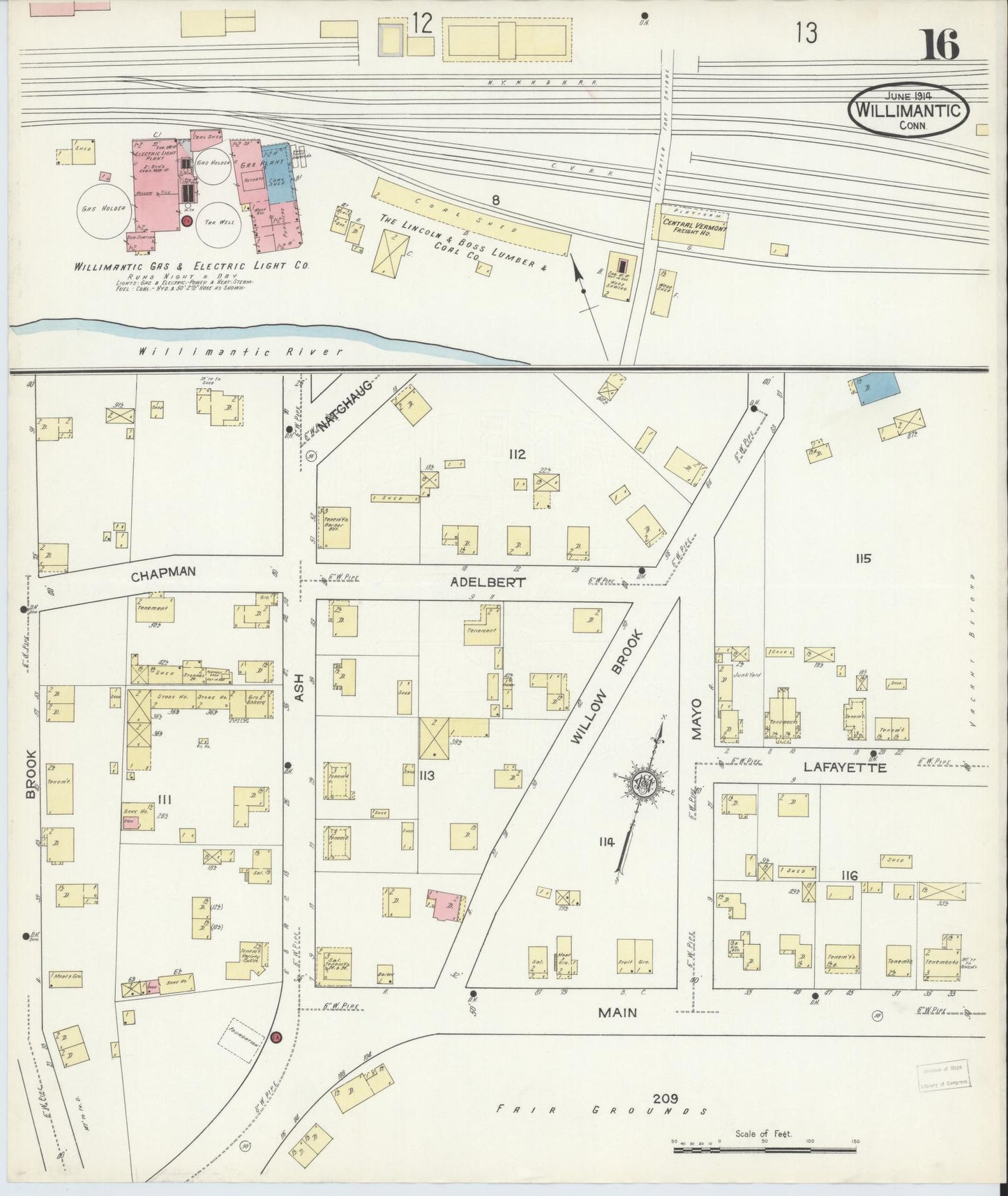 Sanborn Fire Insurance Map from Willimantic, Windham County, Connecticut (1914), Sheet #0016 - Historic Sanborn Fire Insurance Map Print, vintage old map wall art, antique decor, genealogy gift, Connecticut Connecticut map
