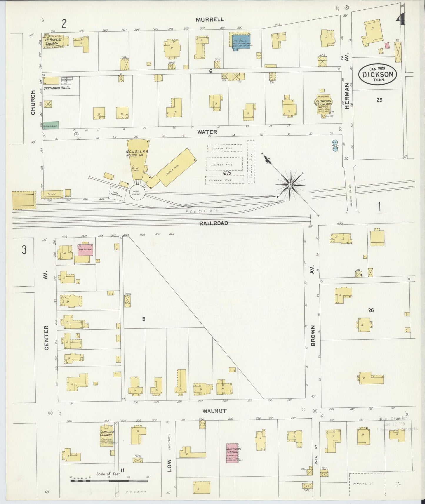 Sanborn Fire Insurance Map from Dickson, Dickson County, Tennessee (1908), Sheet #0004 - Historic Sanborn Fire Insurance Map Print, vintage old map wall art, antique decor, genealogy gift, Tennessee Tennessee map