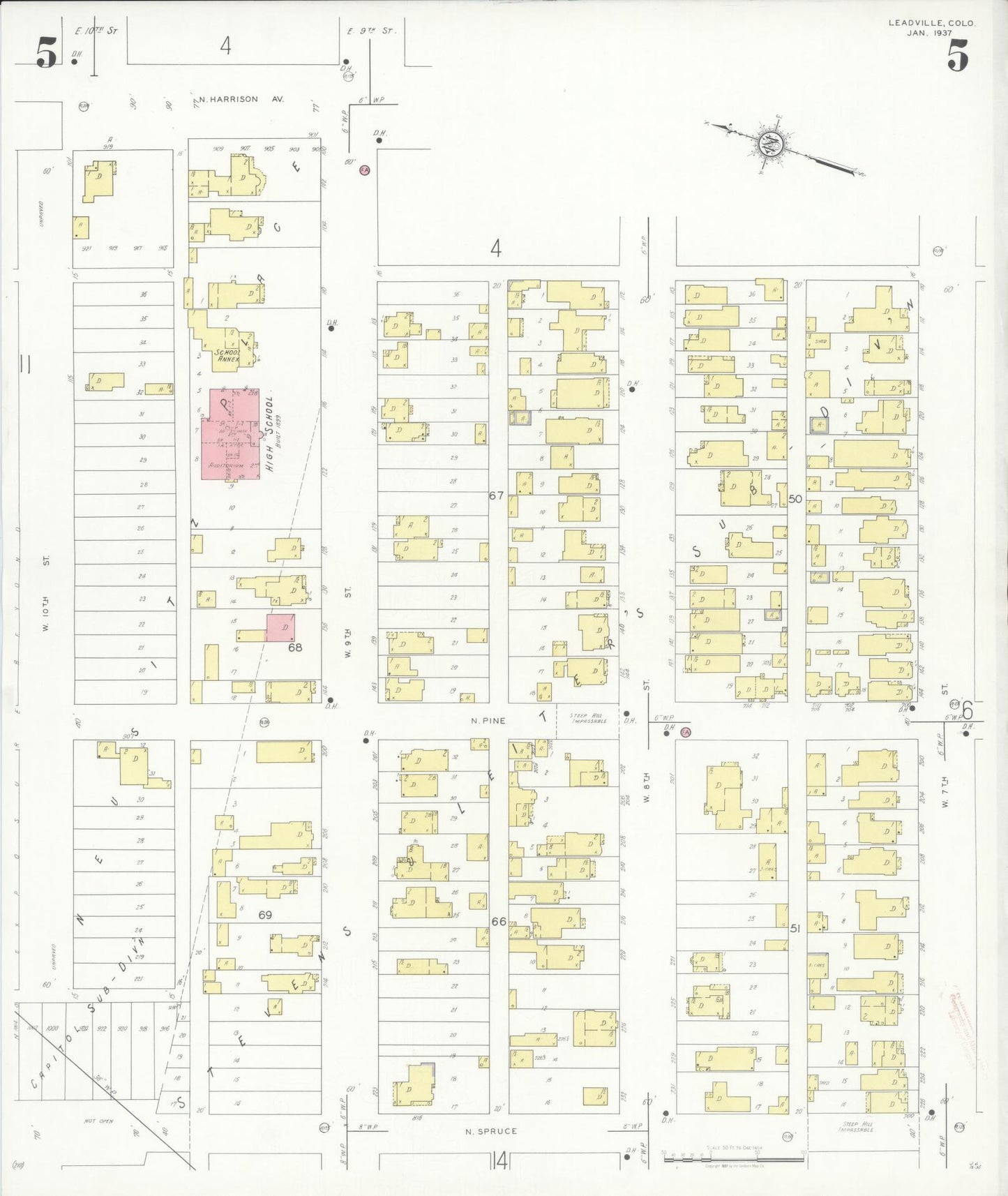 Sanborn Fire Insurance Map from Leadville, Lake County, Colorado (1937), Sheet #0005 - Historic Sanborn Fire Insurance Map Print, vintage old map wall art, antique decor, genealogy gift, Colorado Colorado map