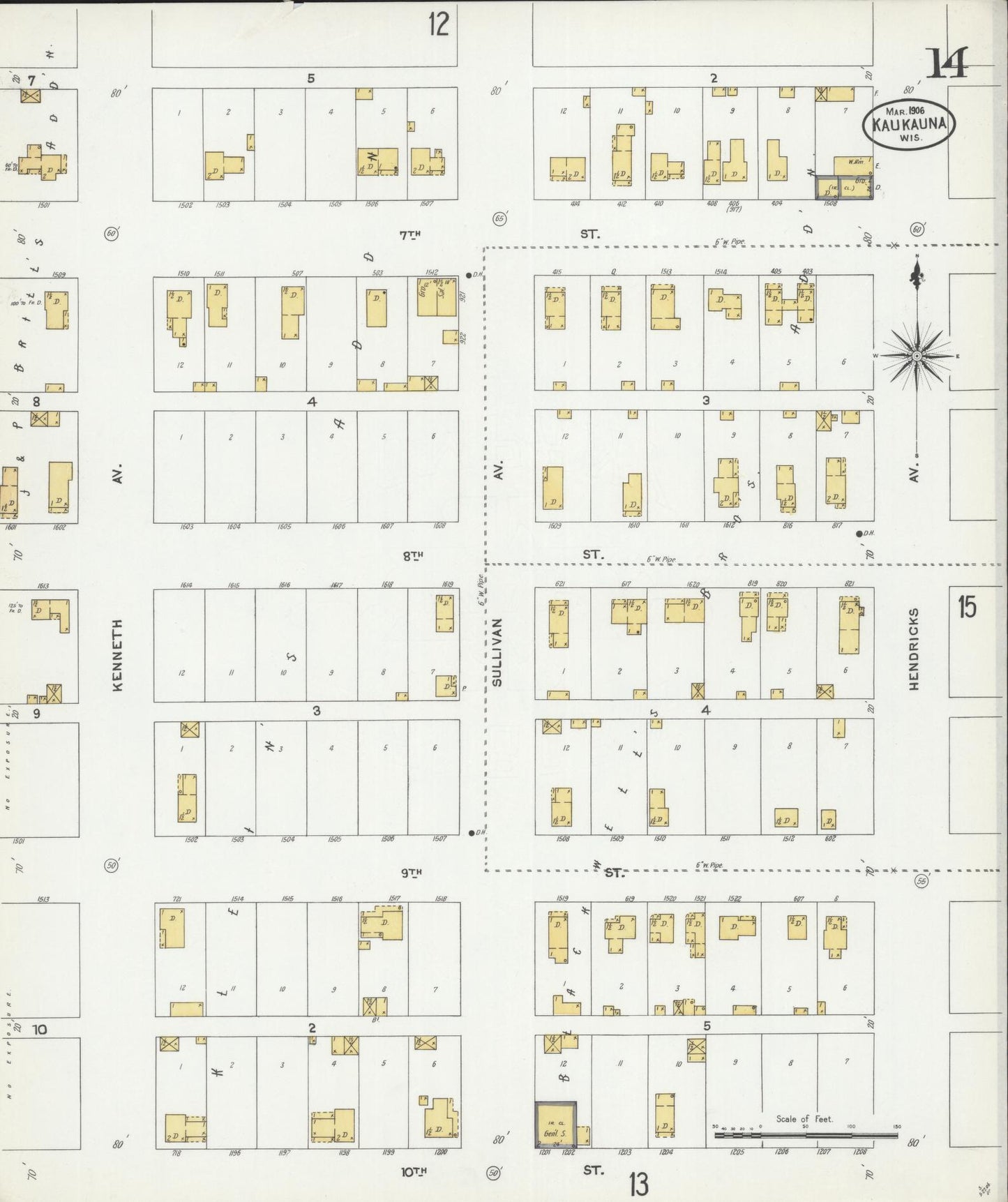 Sanborn Fire Insurance Map from Kaukauna, Outagamie County, Wisconsin (1906), Sheet #0014 - Historic Sanborn Fire Insurance Map Print, vintage old map wall art, antique decor, genealogy gift, Wisconsin Wisconsin map