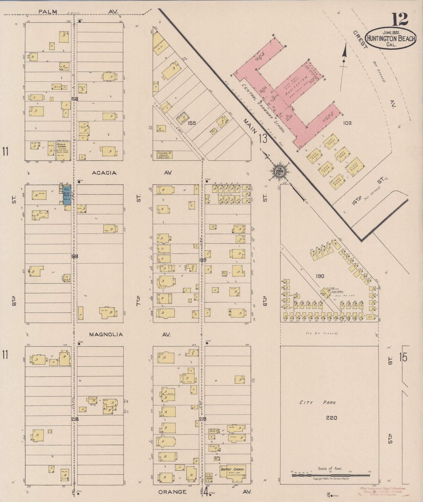 Sanborn Fire Insurance Map from Huntington Beach, Orange County, California (1922), Sheet #0012 - Historic Sanborn Fire Insurance Map Print, vintage old map wall art, antique decor, genealogy gift, California California map