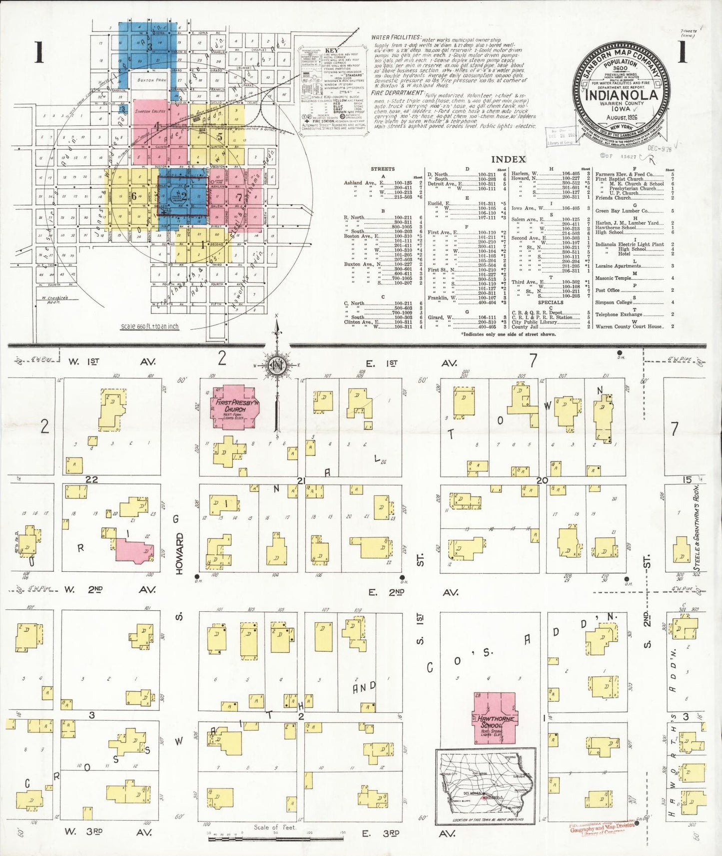 Sanborn Fire Insurance Map from Indianola, Warren County, Iowa (1918), Sheet #0001 - Historic Sanborn Fire Insurance Map Print, vintage old map wall art