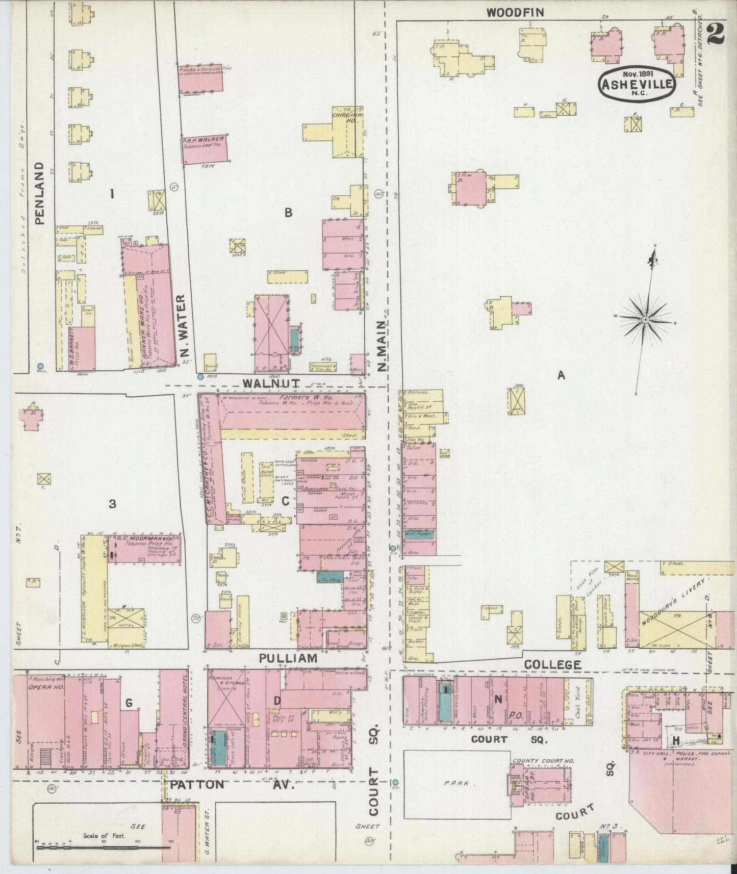 Sanborn Fire Insurance Map from Asheville, Buncombe County, North Carolina (1891), Sheet #0002 - Historic Sanborn Fire Insurance Map Print, vintage old map wall art, antique decor, genealogy gift, North Carolina North Carolina map