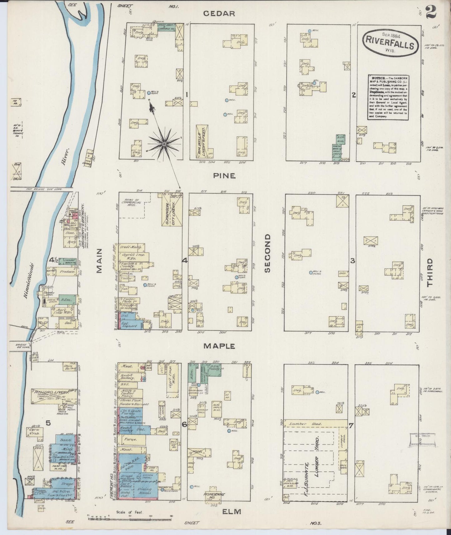 Sanborn Fire Insurance Map from River Falls, St. Croix and Pierce Counties, Wisconsin (1884), Sheet #0002 - Historic Sanborn Fire Insurance Map Print, vintage old map wall art, antique decor, genealogy gift, Wisconsin Wisconsin map