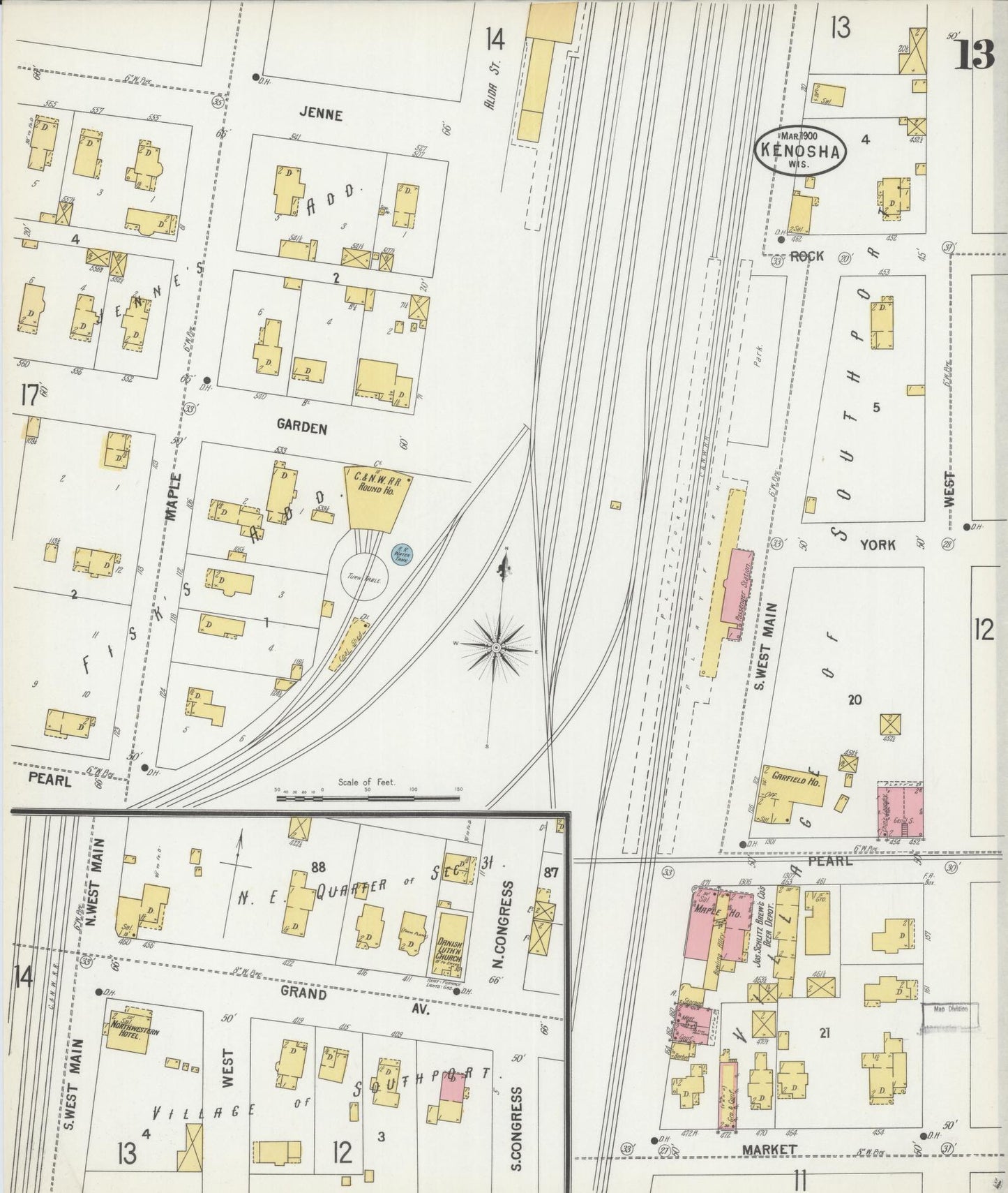 Sanborn Fire Insurance Map from Kenosha, Kenosha County, Wisconsin (1900), Sheet #0013 - Historic Sanborn Fire Insurance Map Print, vintage old map wall art, antique decor, genealogy gift, Wisconsin Wisconsin map