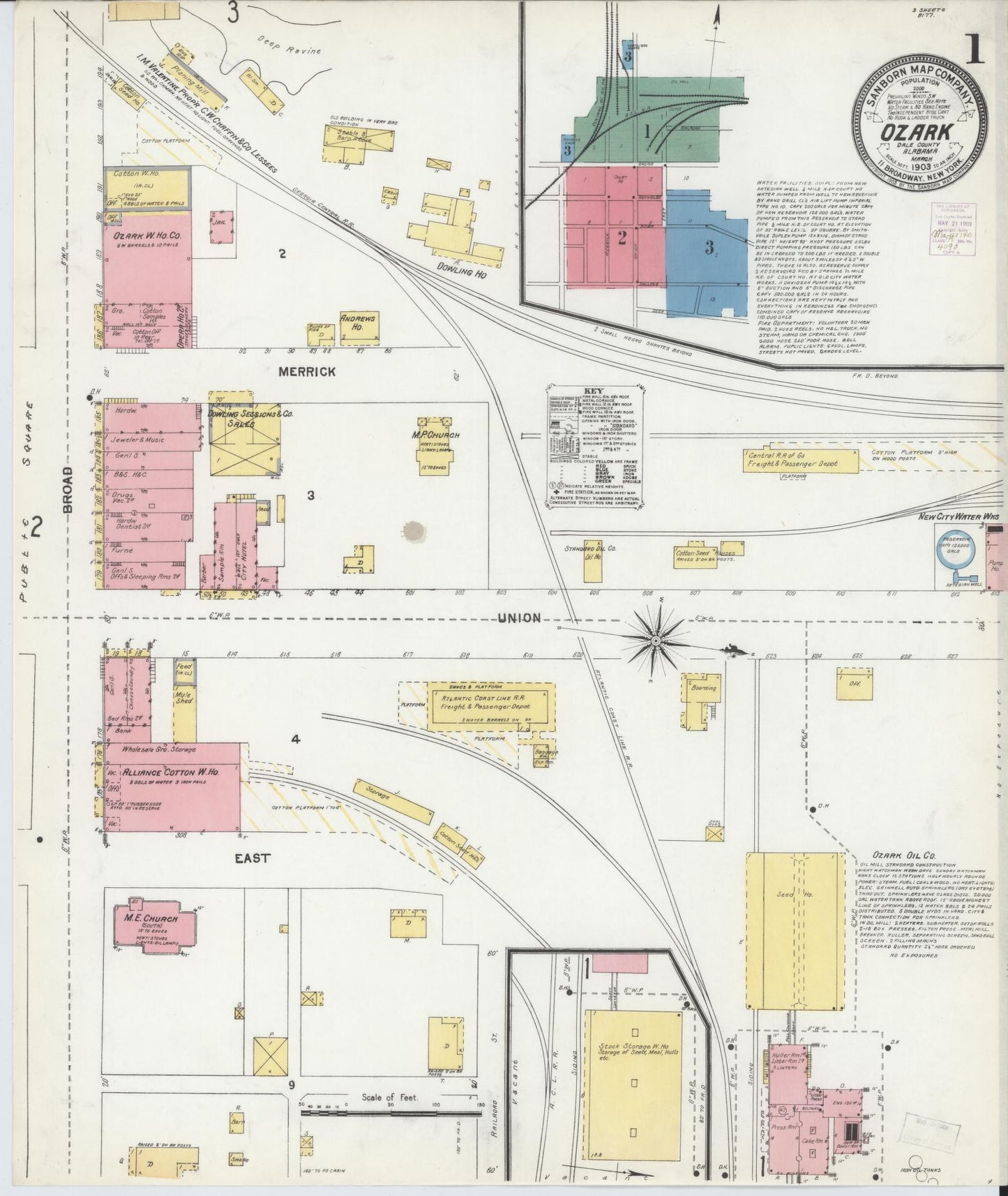 Sanborn Fire Insurance Map from Ozark, Dale County, Alabama (1903), Sheet #0001 - Historic Sanborn Fire Insurance Map Print, vintage old map wall art, antique decor, genealogy gift, Alabama Alabama map